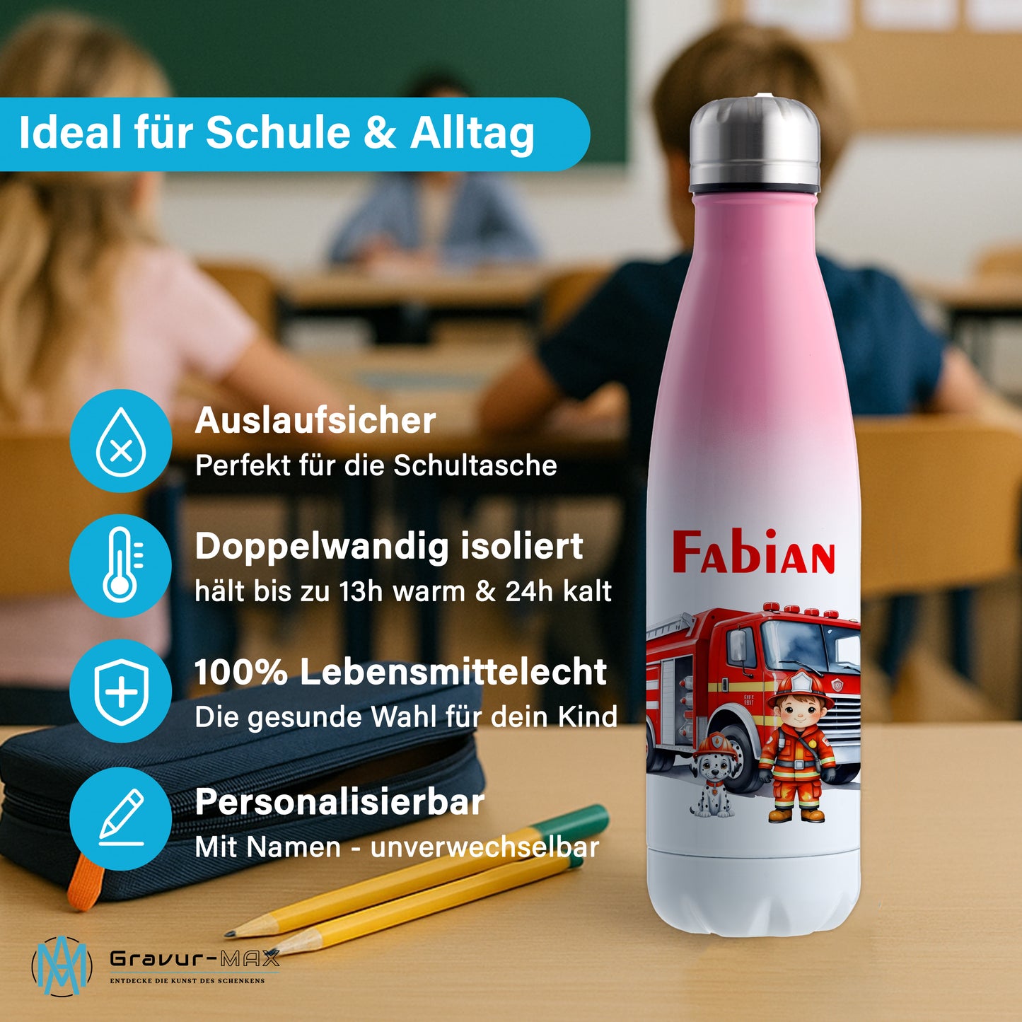 Thermoflasche 500ml in Weiß/Pink bedruckt mit tollen Motiven für Kinder "Feuerwehr" personalisierbar mit Wunschname