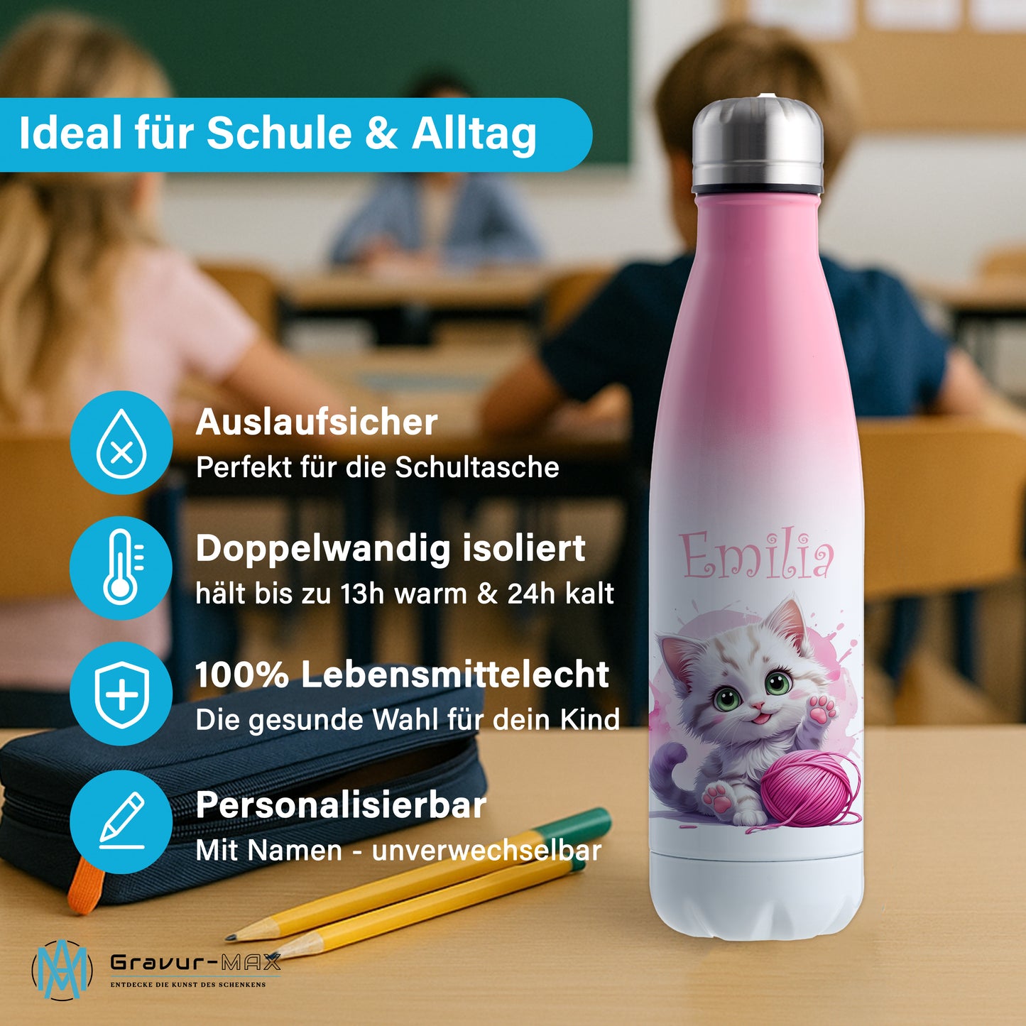 Trinkflasche in Weiß/Pink 500ml aus Edelstahl bedruckt mit niedlichen Tieren "Katze" personalisierbar für Kinder mit Wunschname