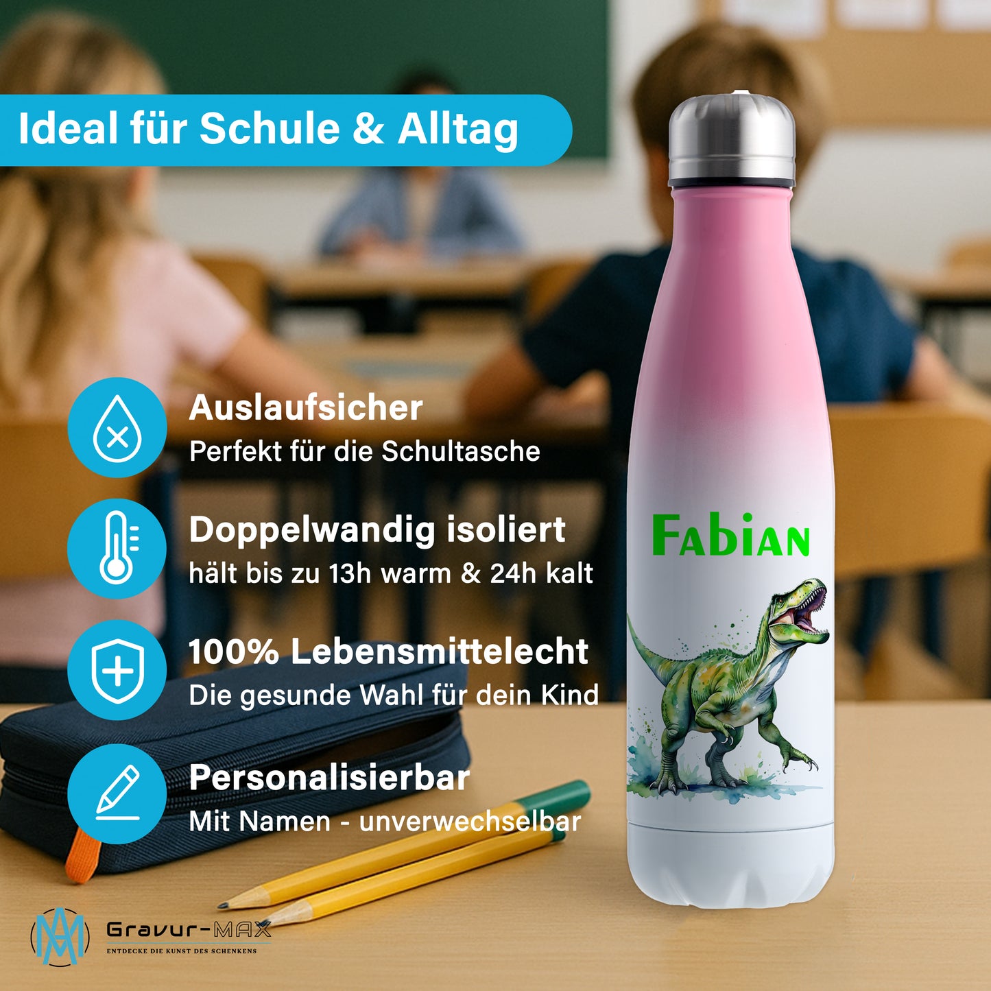 Thermoflasche 500ml in Weiß/Pink bedruckt mit tollen Motiven für Kinder "Dino T-Rex" personalisierbar mit Wunschname