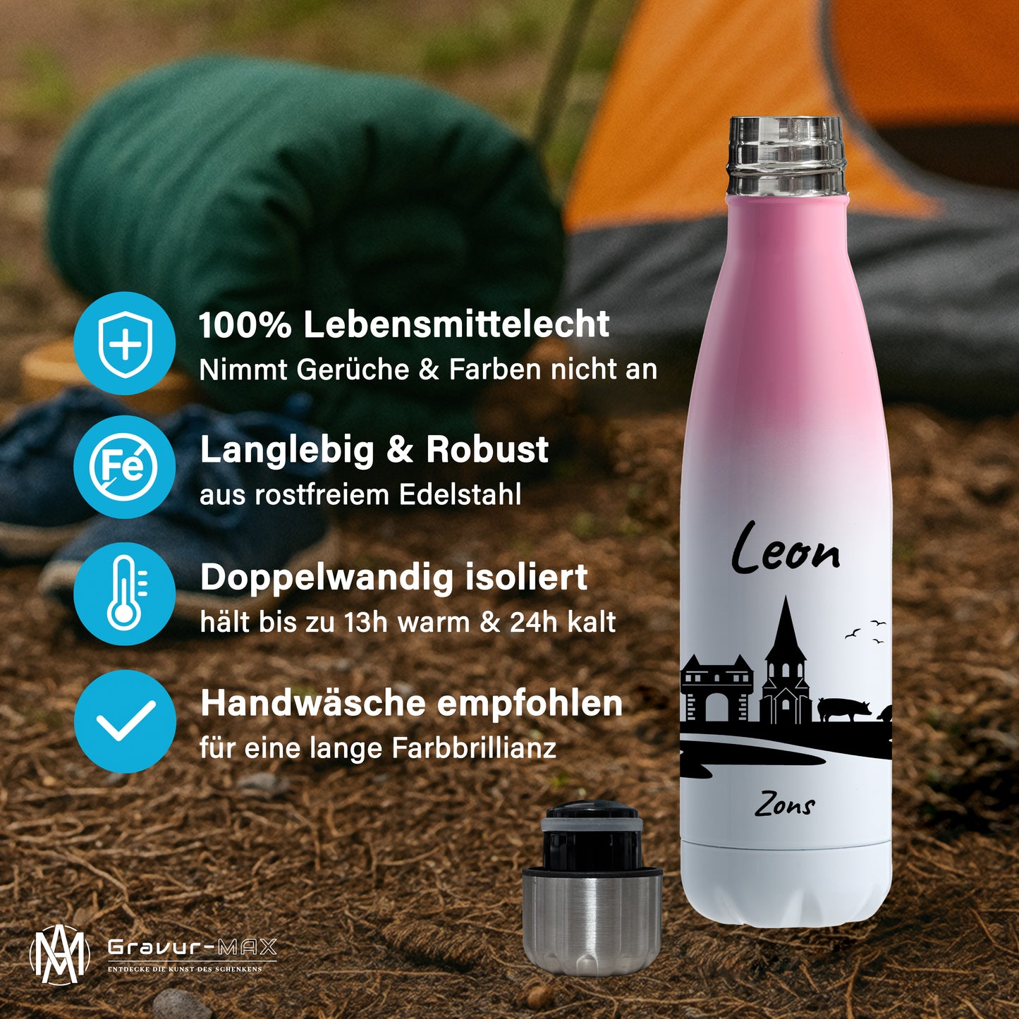 Trinkflasche in Weiß/Pink 500ml aus Edelstahl bedruckt mit der Skyline von Zons (Dormagen) personalisierbar mit Wunschname