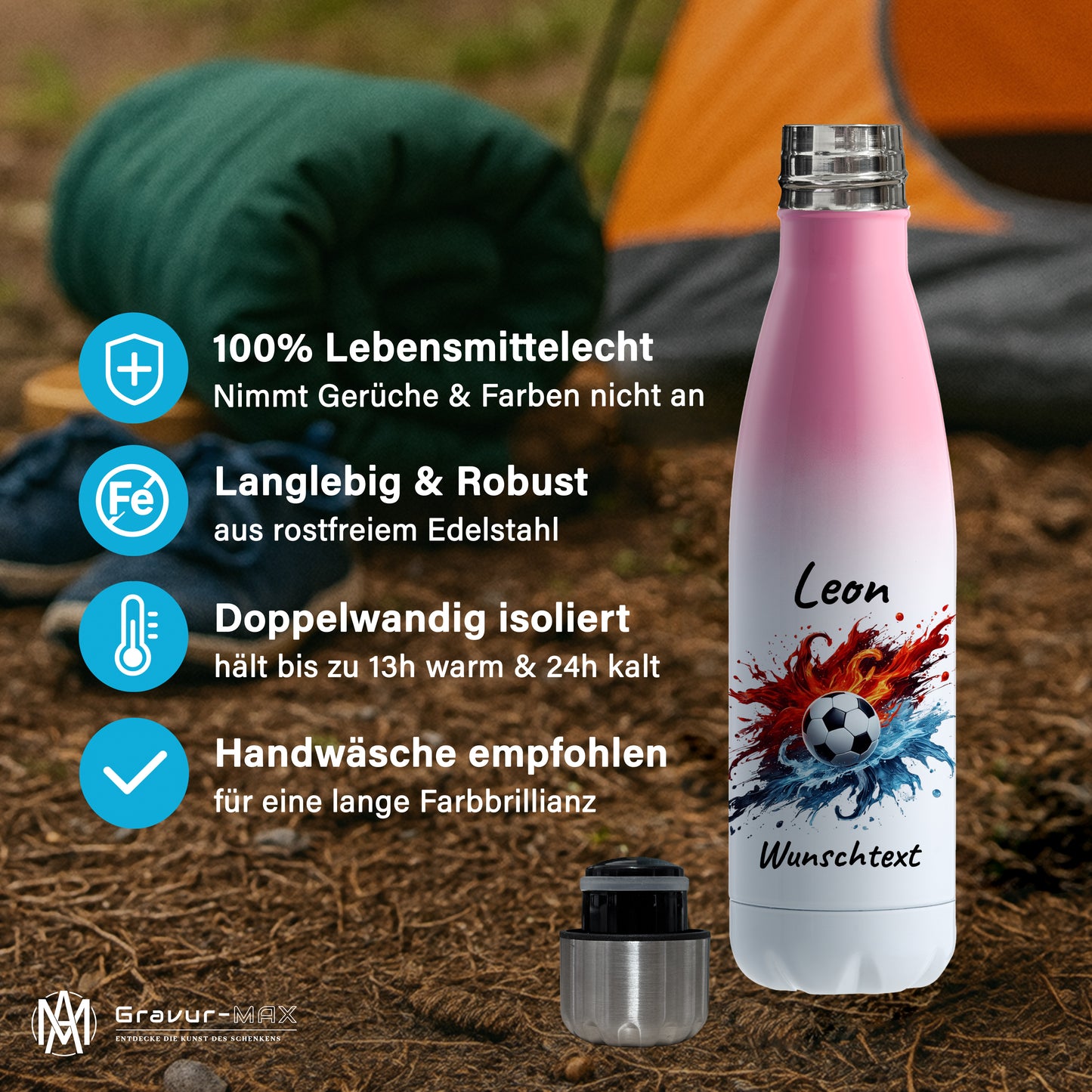 Thermoflasche 500ml in Weiß/Pink aus Edelstahl bedruckt "Fußball" Motiv12 personalisierbar mit Wunschname & Text