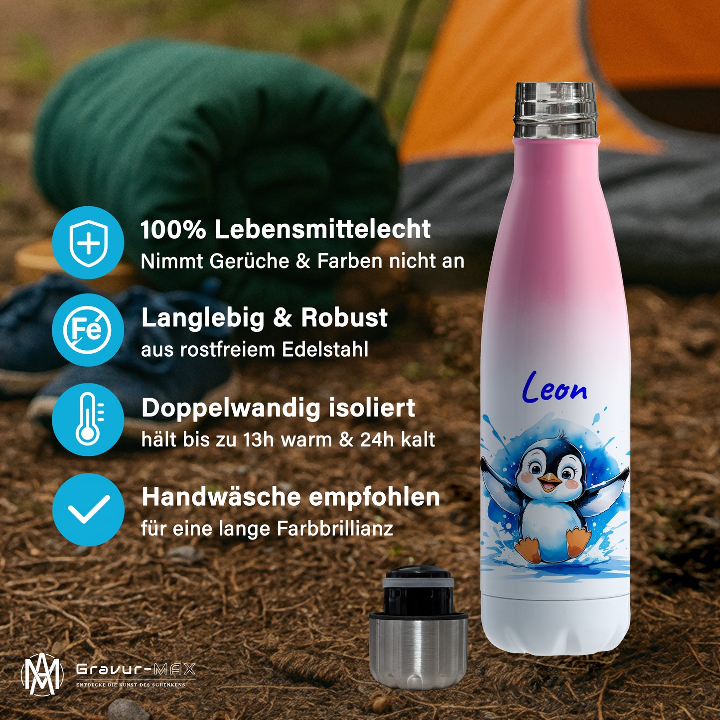 Trinkflasche in Weiß/Pink 500ml aus Edelstahl bedruckt mit niedlichen Tieren "Pinguin" personalisierbar für Kinder mit Wunschname