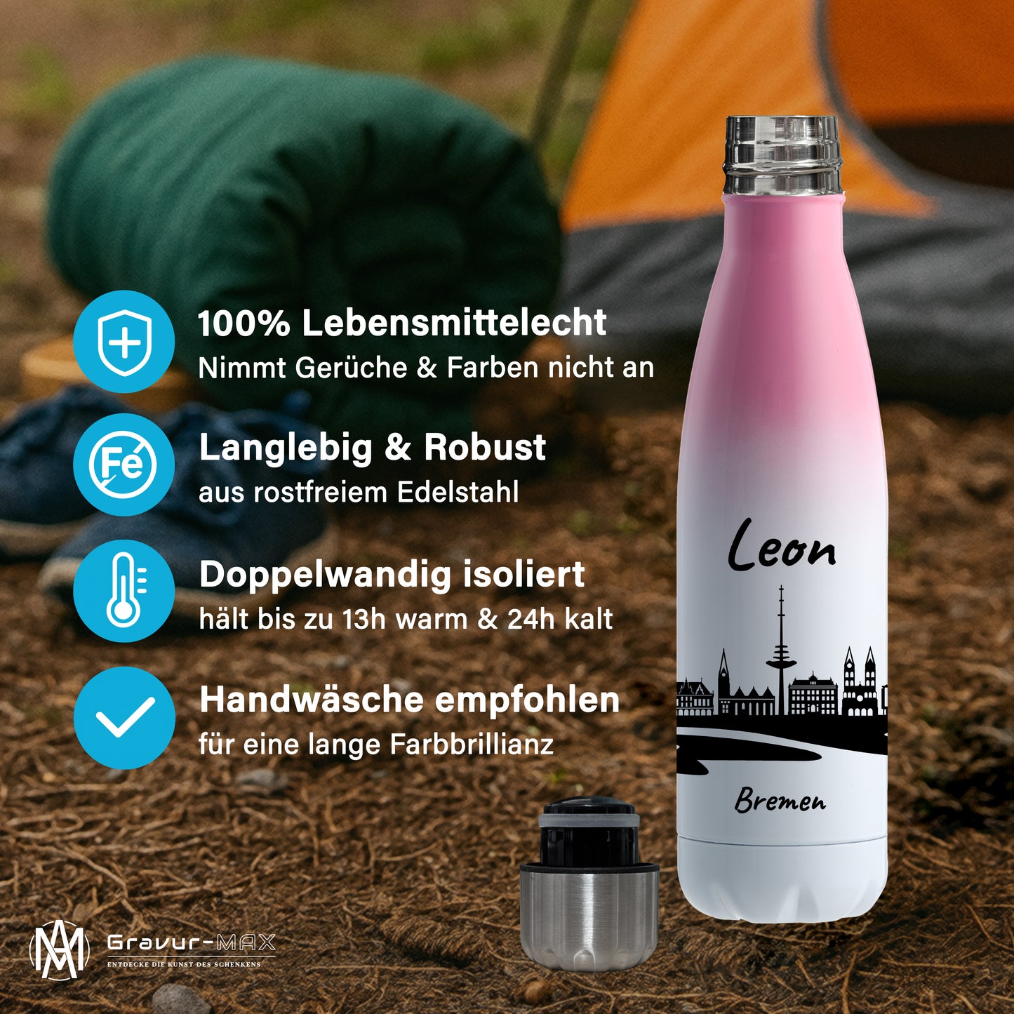 Trinkflasche in Weiß/Pink 500ml aus Edelstahl bedruckt mit der Skyline von Bremen personalisierbar mit Wunschname