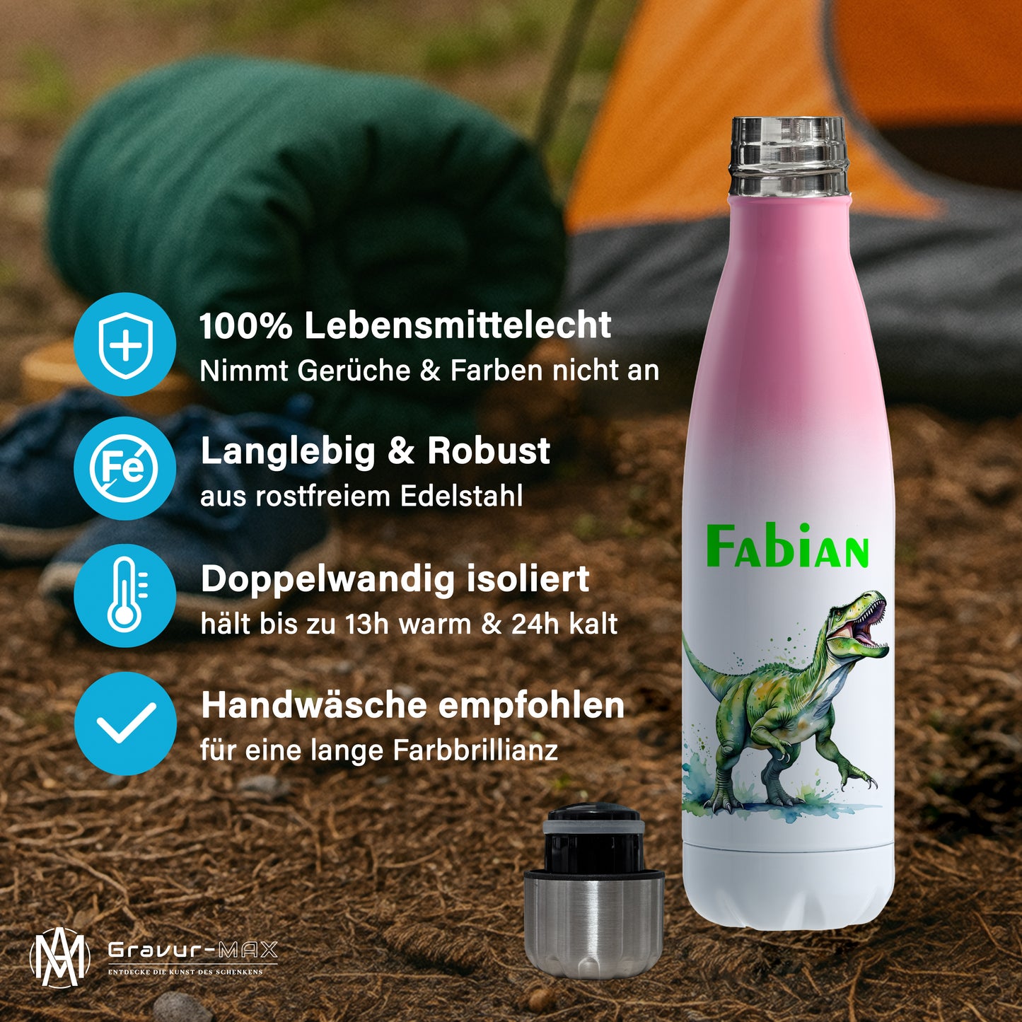Thermoflasche 500ml in Weiß/Pink bedruckt mit tollen Motiven für Kinder "Dino T-Rex" personalisierbar mit Wunschname