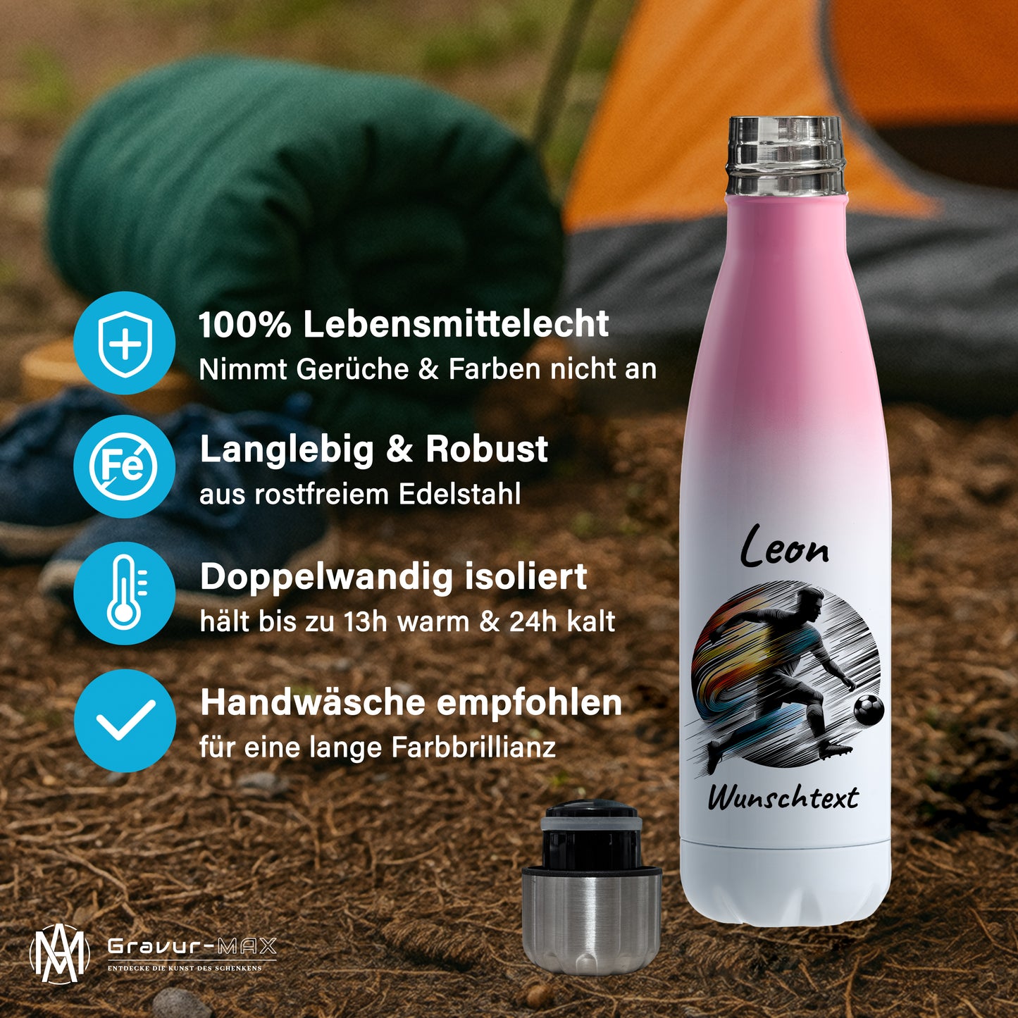 Thermoflasche 500ml in Weiß/Pink aus Edelstahl bedruckt "Fußball" Motiv2 personalisierbar mit Wunschname & Text