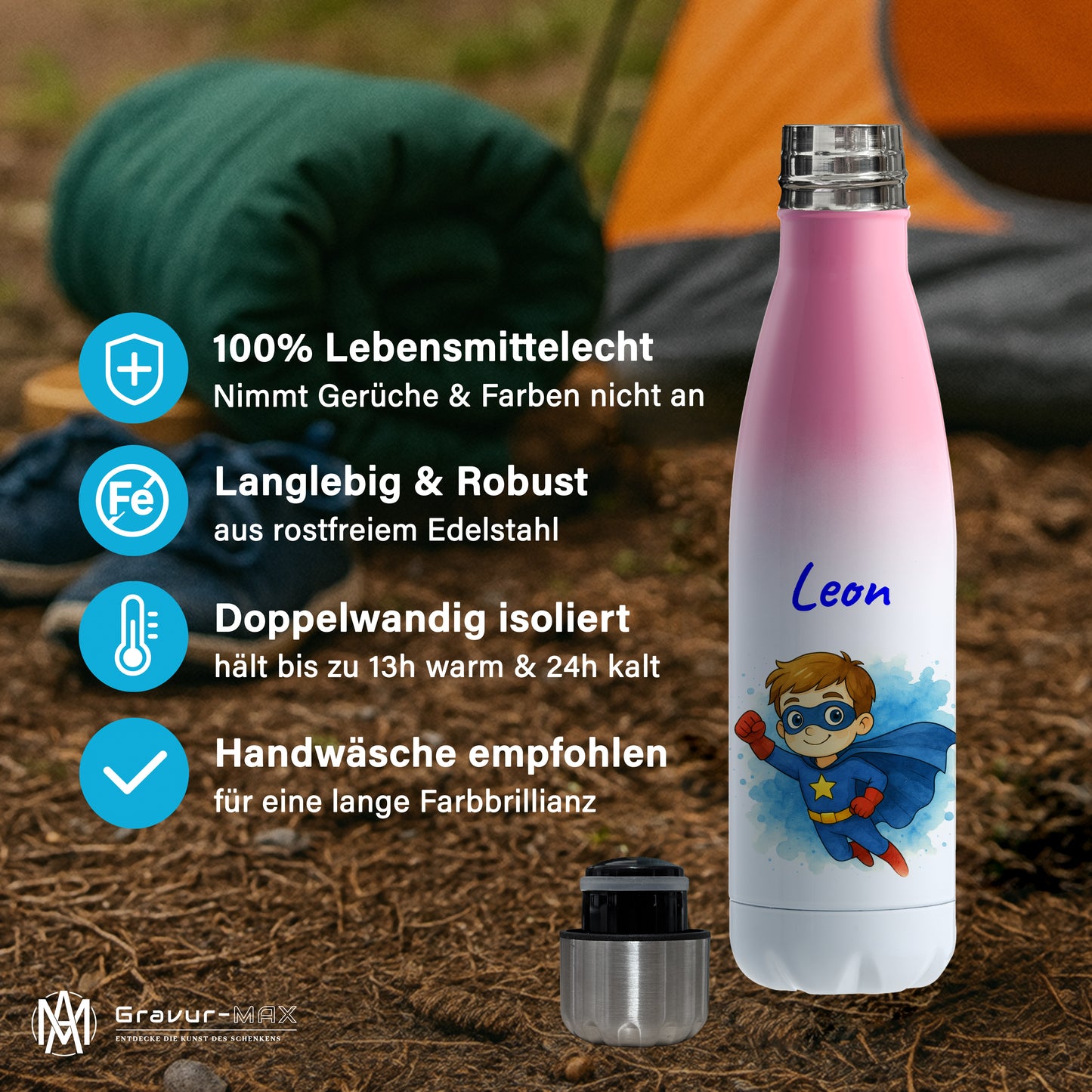 Thermoflasche 500ml in Weiß/Pink bedruckt mit tollen Motiven für Kinder "Superheld" personalisierbar mit Wunschname