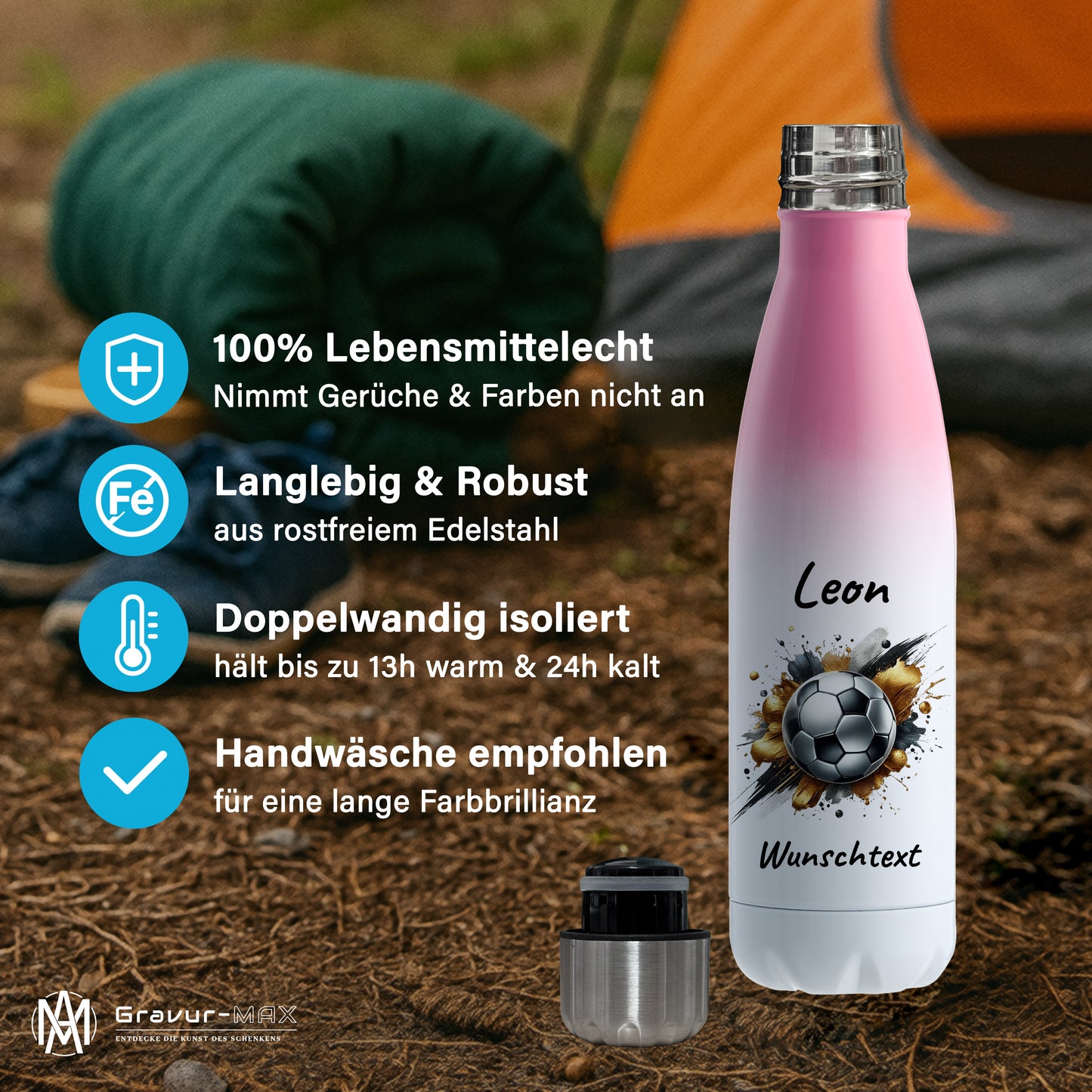 Thermoflasche 500ml in Weiß/Pink aus Edelstahl bedruckt "Fußball" Motiv13 personalisierbar mit Wunschname & Text