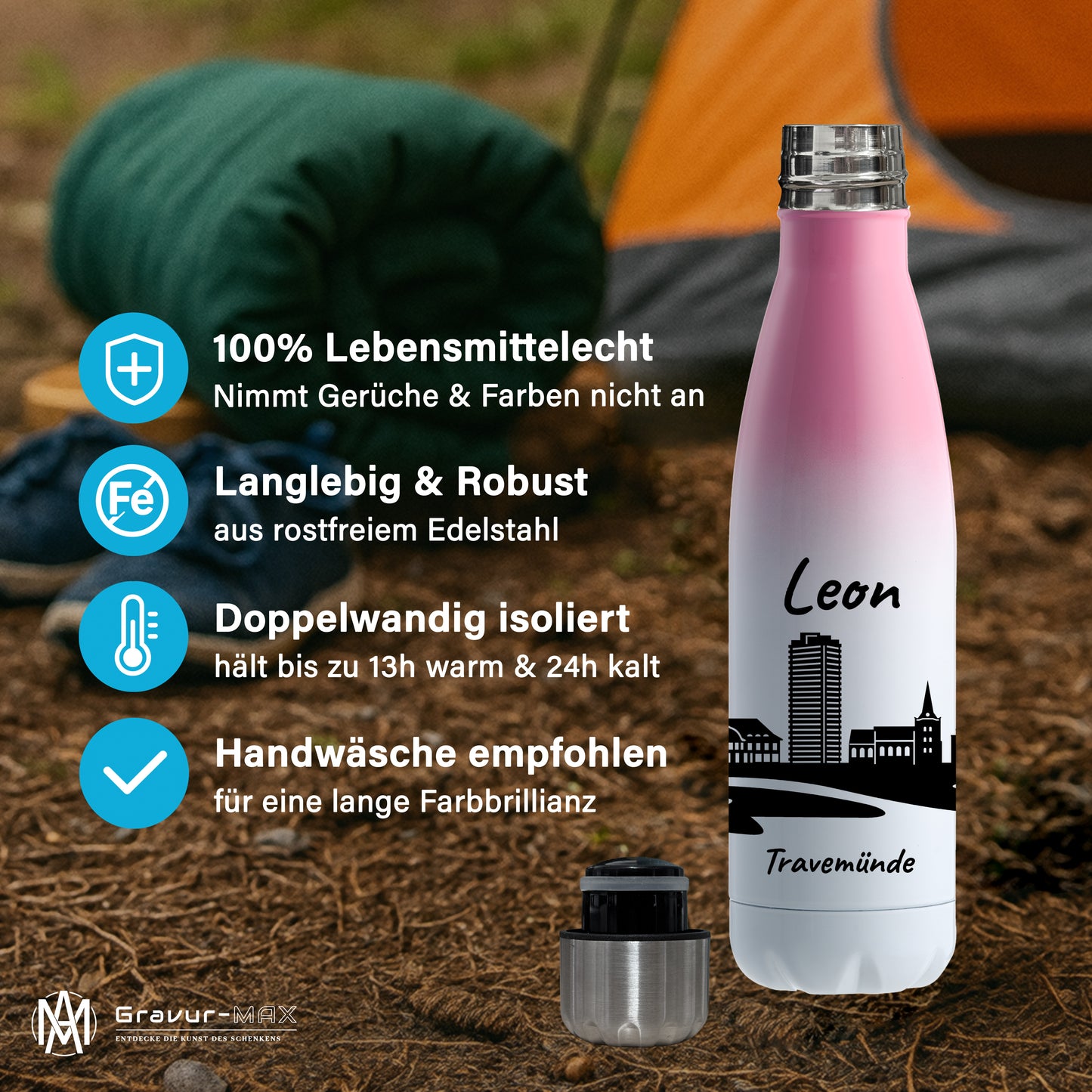 Trinkflasche in Weiß/Pink 500ml aus Edelstahl bedruckt mit der Skyline von Travemünde personalisierbar mit Wunschname