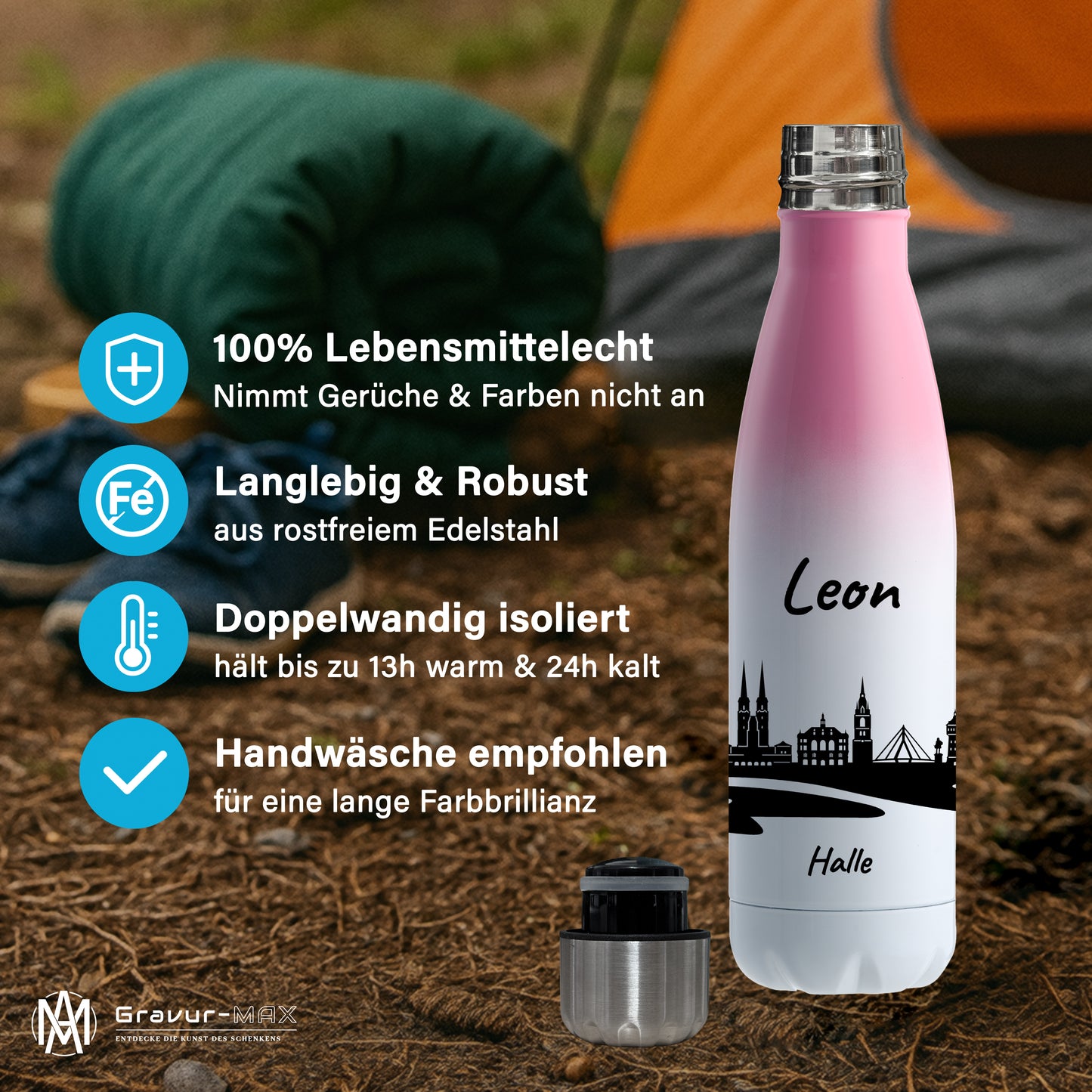 Trinkflasche in Weiß/Pink 500ml aus Edelstahl bedruckt mit der Skyline von Halle personalisierbar mit Wunschname