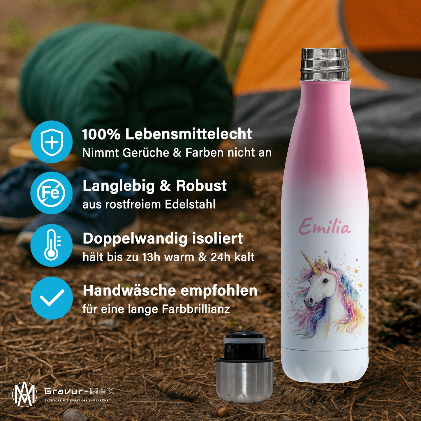 Thermoflasche 500ml in Weiß/Pink bedruckt mit tollen Motiven für Kinder "Einhorn" personalisierbar mit Wunschname