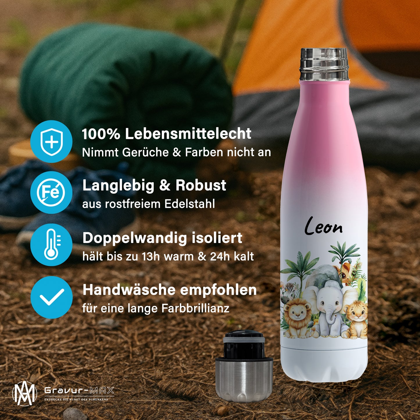 Trinkflasche mit Farbverlauf in Weiß/Pink 500ml aus Edelstahl bedruckt mit Dschungel Tieren"Dschungel Tiere" personalisierbar für Kinder mit Wunschname