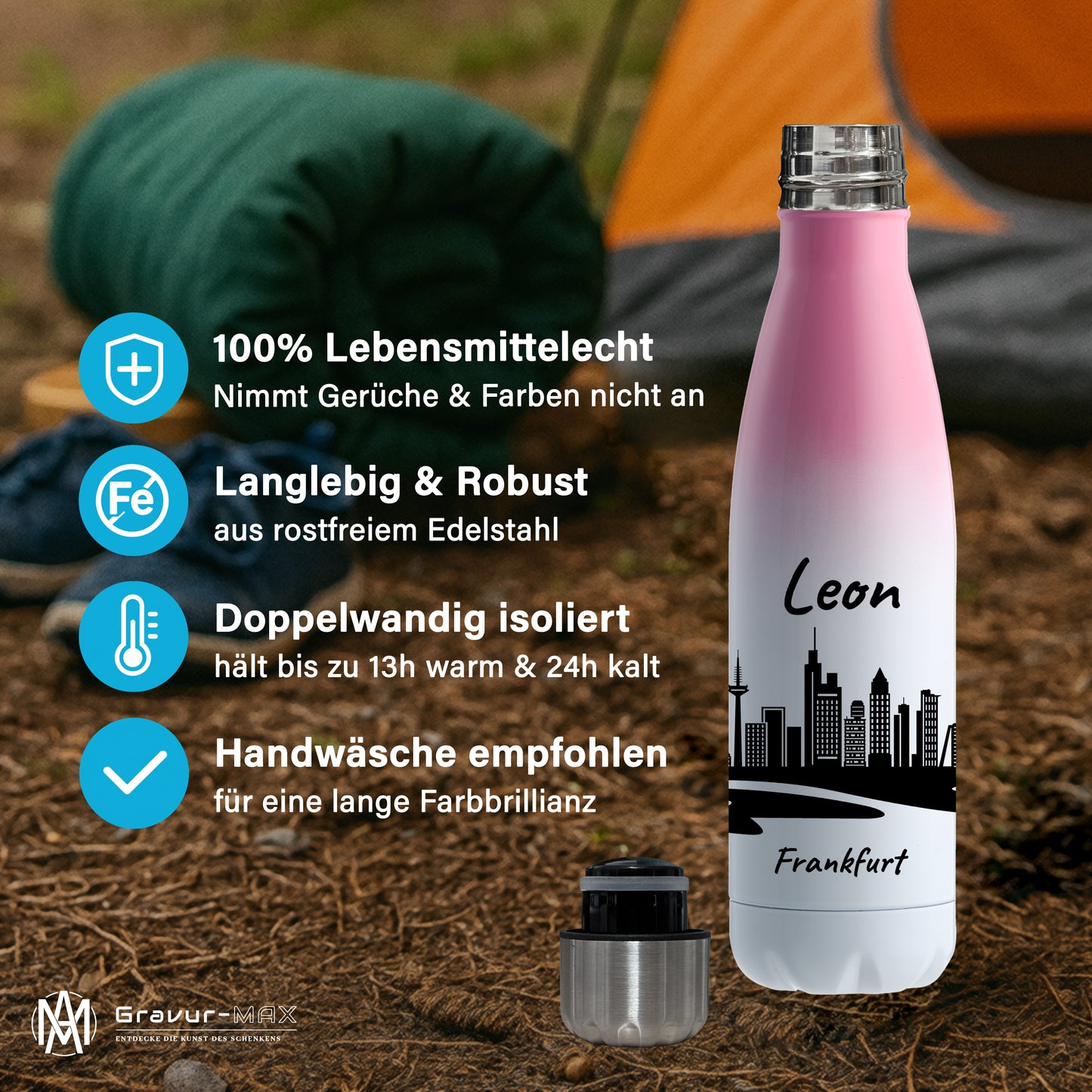 Trinkflasche in Weiß/Pink 500ml aus Edelstahl bedruckt mit der Skyline von Frankfurt personalisierbar mit Wunschname