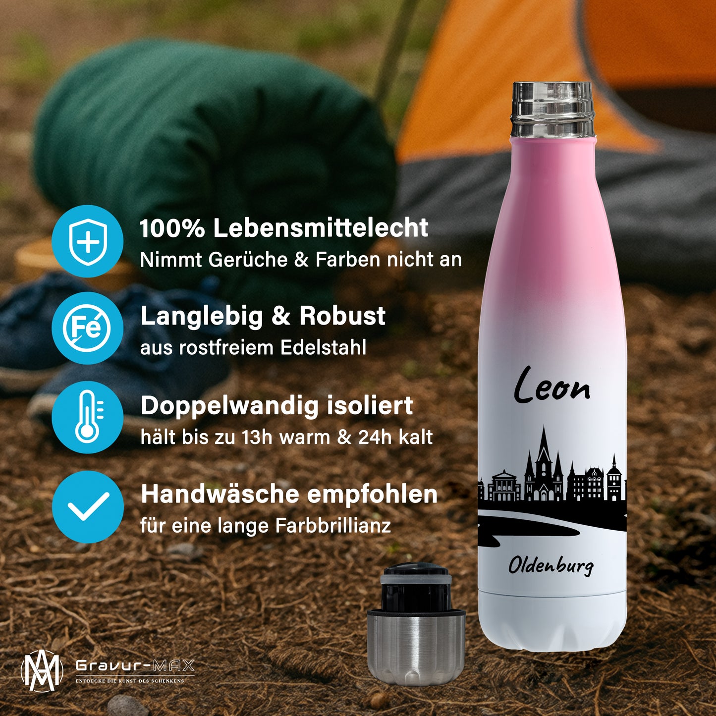 Trinkflasche in Weiß/Pink 500ml aus Edelstahl bedruckt mit der Skyline von Oldenburg personalisierbar mit Wunschname