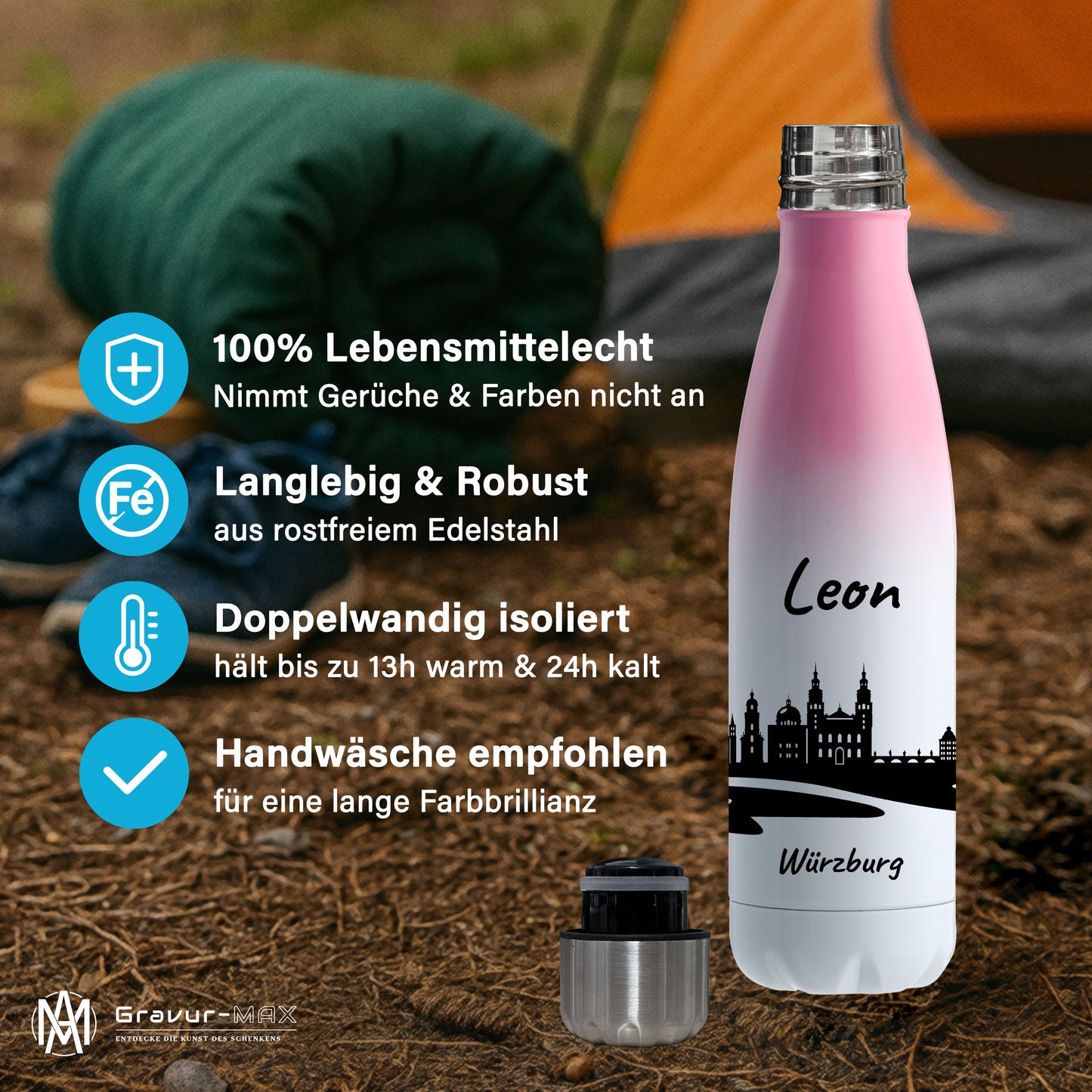 Trinkflasche in Weiß/Pink 500ml aus Edelstahl bedruckt mit der Skyline von Würzburg personalisierbar mit Wunschname