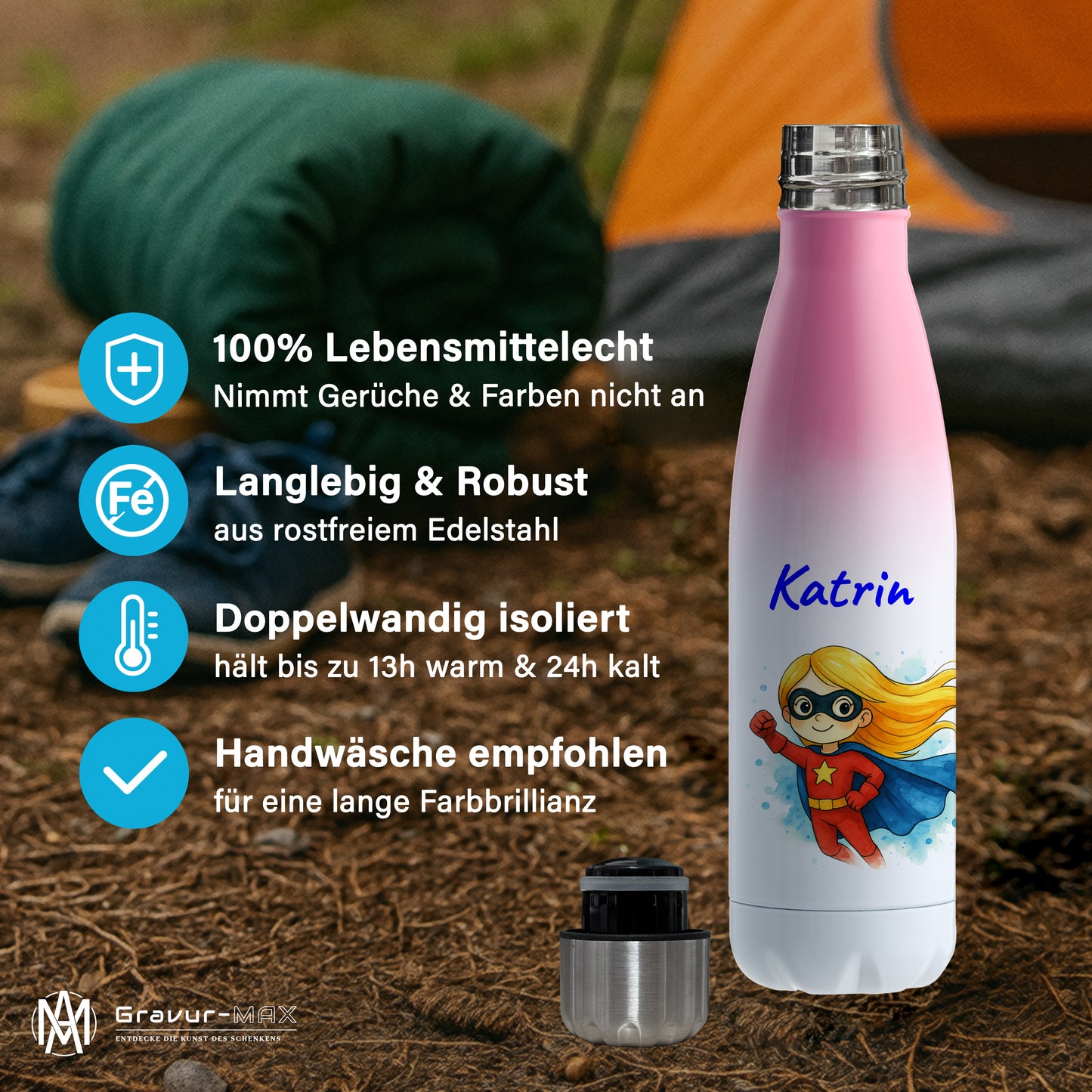Thermoflasche 500ml in Weiß/Pink bedruckt mit tollen Motiven für Kinder "Superheldin" personalisierbar mit Wunschname