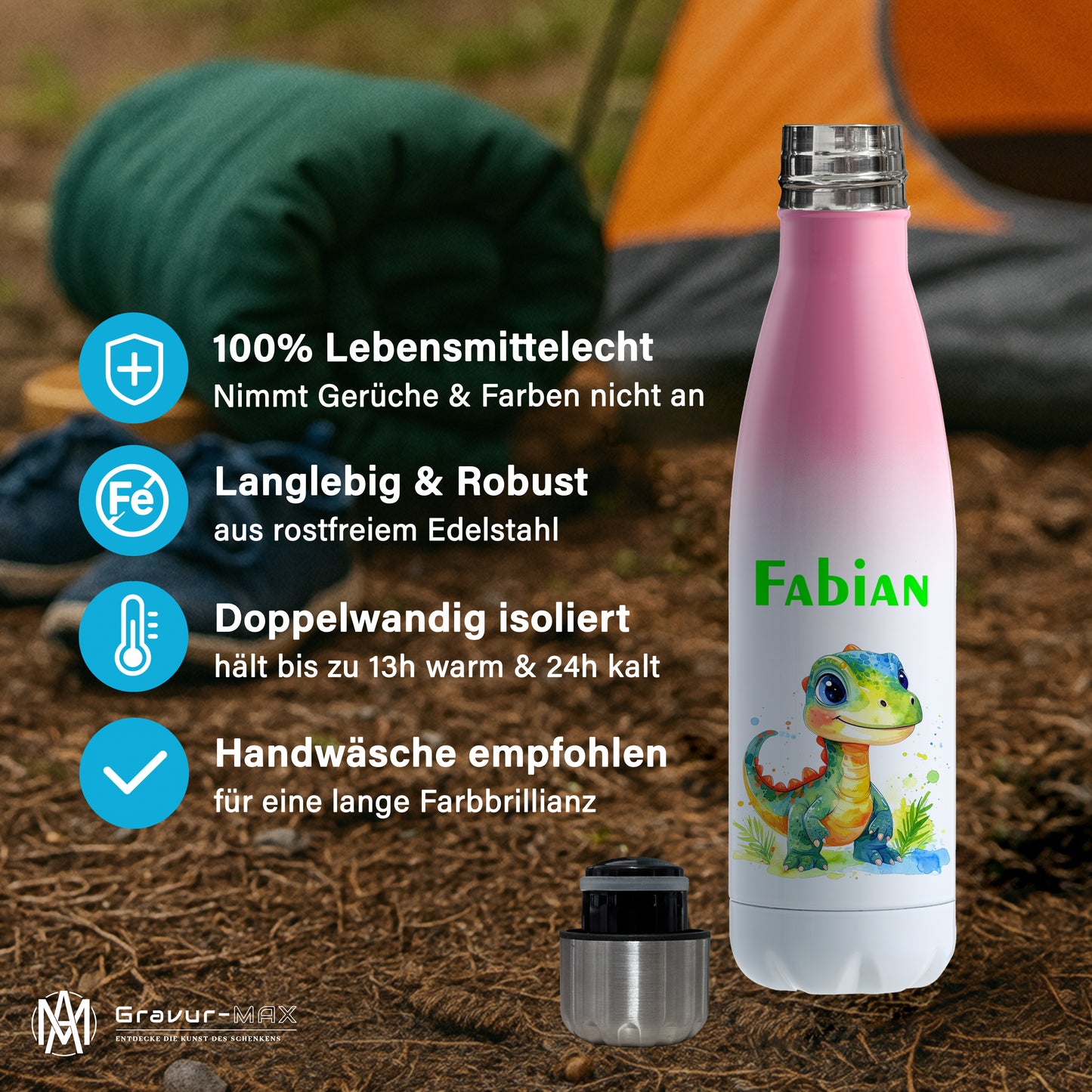 Thermoflasche 500ml in Weiß/Pink bedruckt mit tollen Motiven für Kinder "Dino Kinder" personalisierbar mit Wunschname
