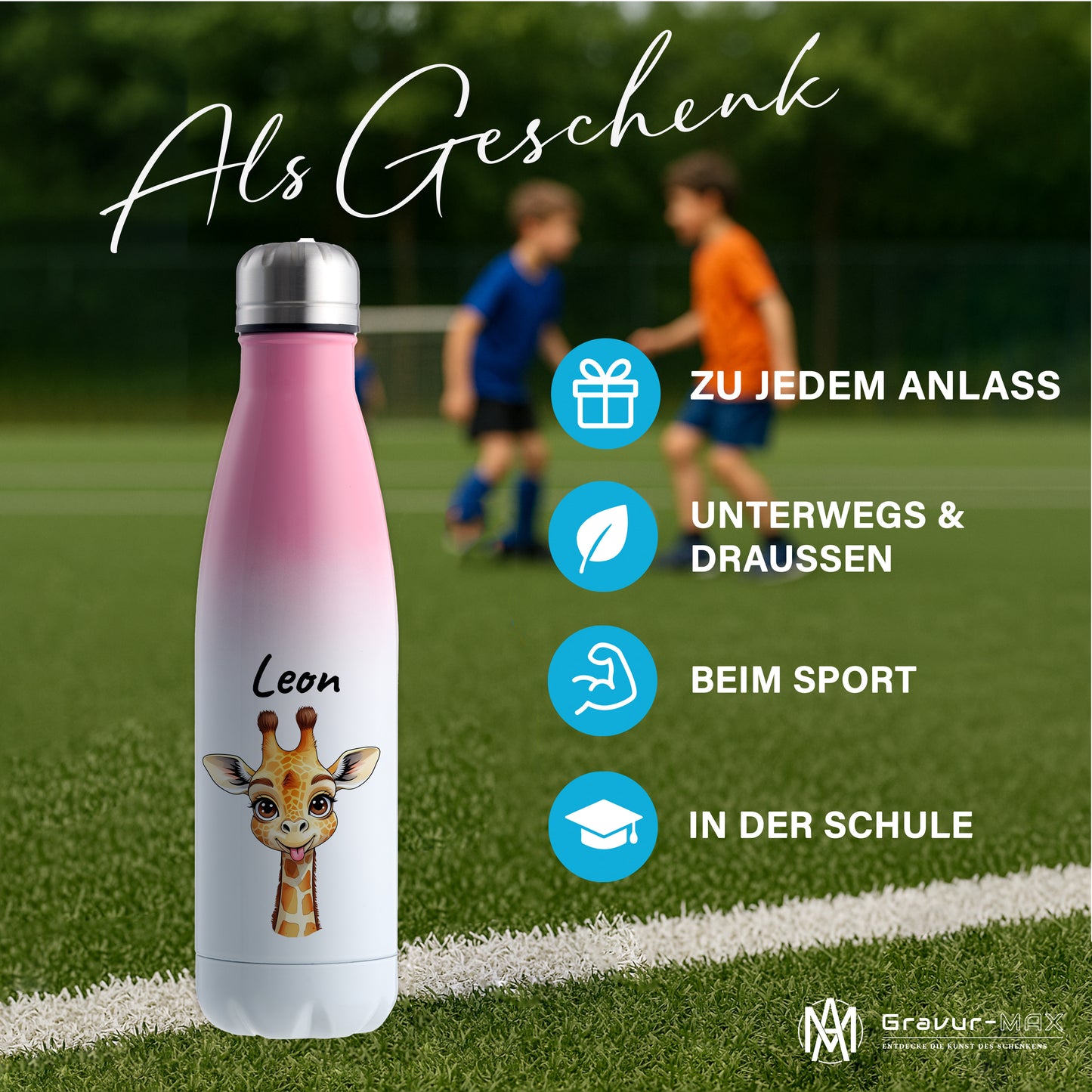 Trinkflasche in Weiß/Pink 500ml aus Edelstahl bedruckt mit niedlichen Tieren "Giraffe" personalisierbar für Kinder mit Wunschname