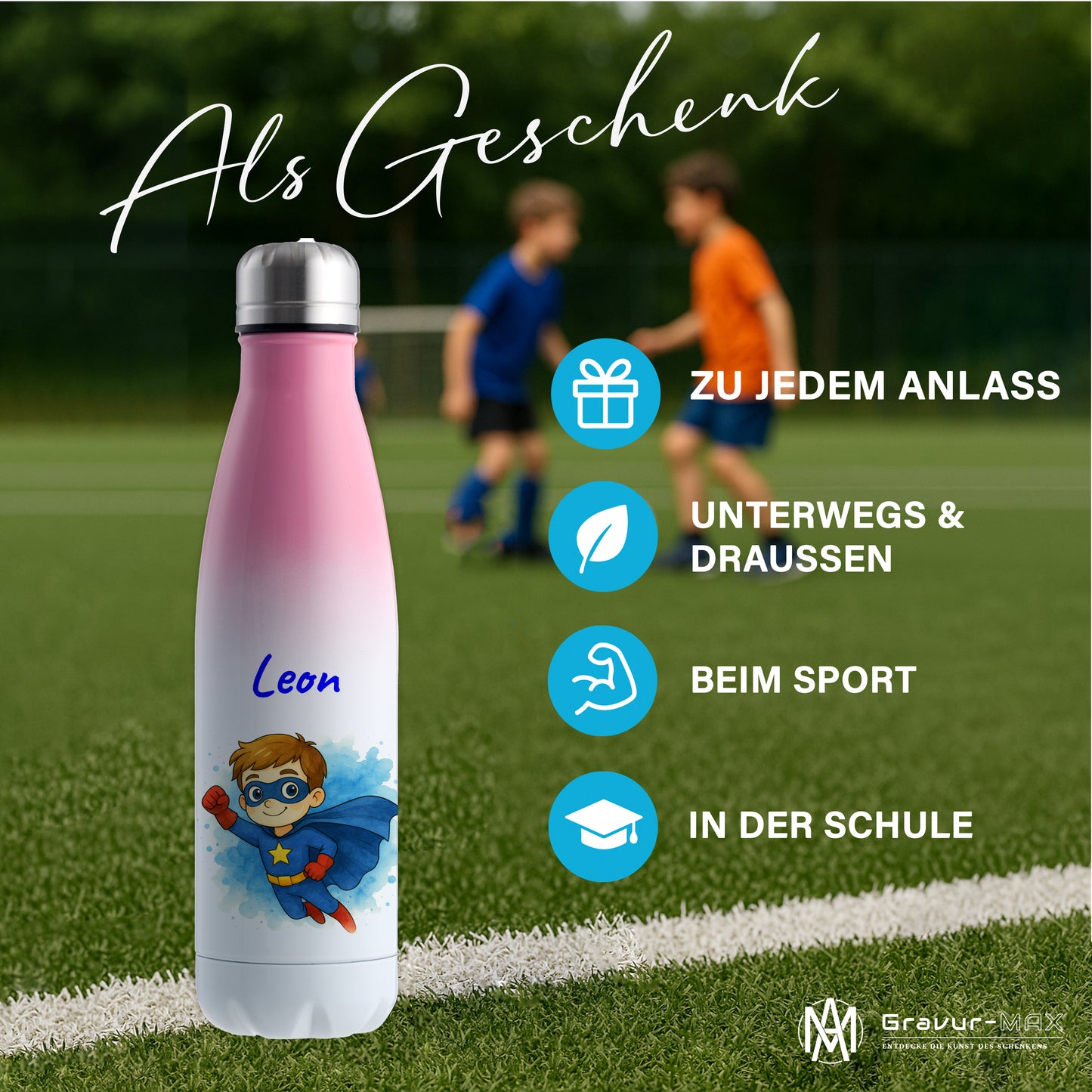 Thermoflasche 500ml in Weiß/Pink bedruckt mit tollen Motiven für Kinder "Superheld" personalisierbar mit Wunschname