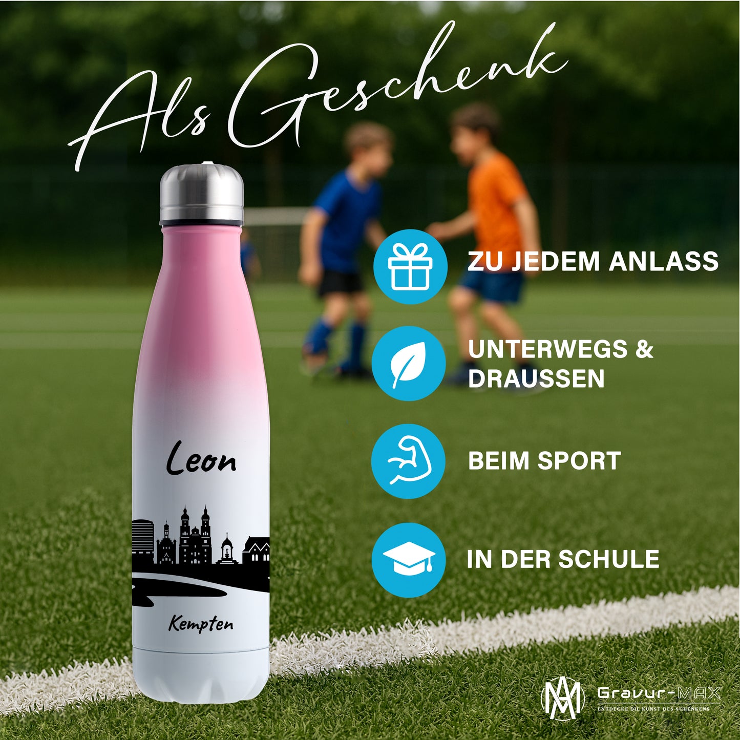 Trinkflasche in Weiß/Pink 500ml aus Edelstahl bedruckt mit der Skyline von Kempten personalisierbar mit Wunschname