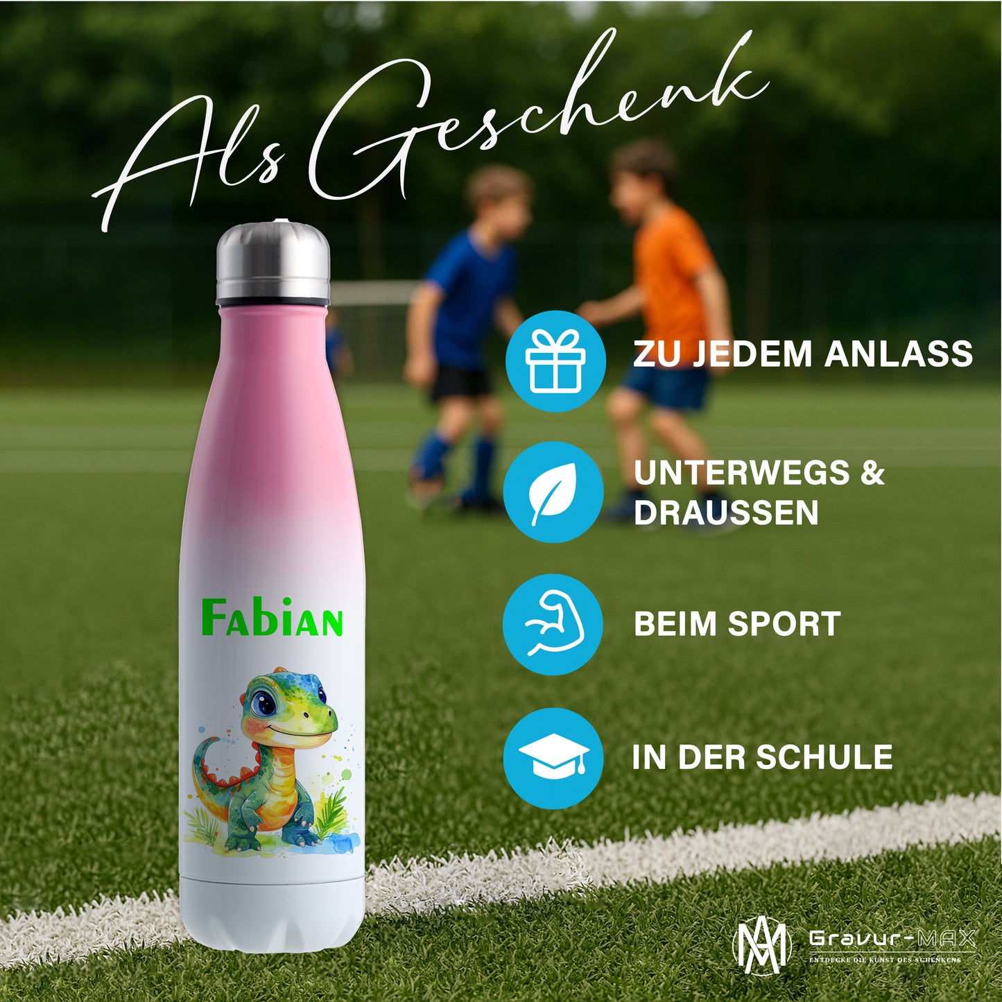 Thermoflasche 500ml in Weiß/Pink bedruckt mit tollen Motiven für Kinder "Dino Kinder" personalisierbar mit Wunschname