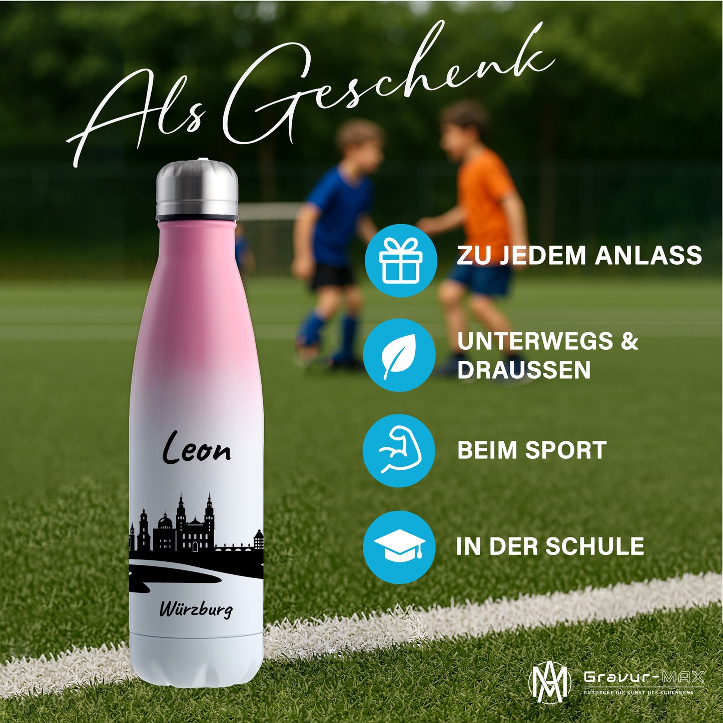 Trinkflasche in Weiß/Pink 500ml aus Edelstahl bedruckt mit der Skyline von Würzburg personalisierbar mit Wunschname