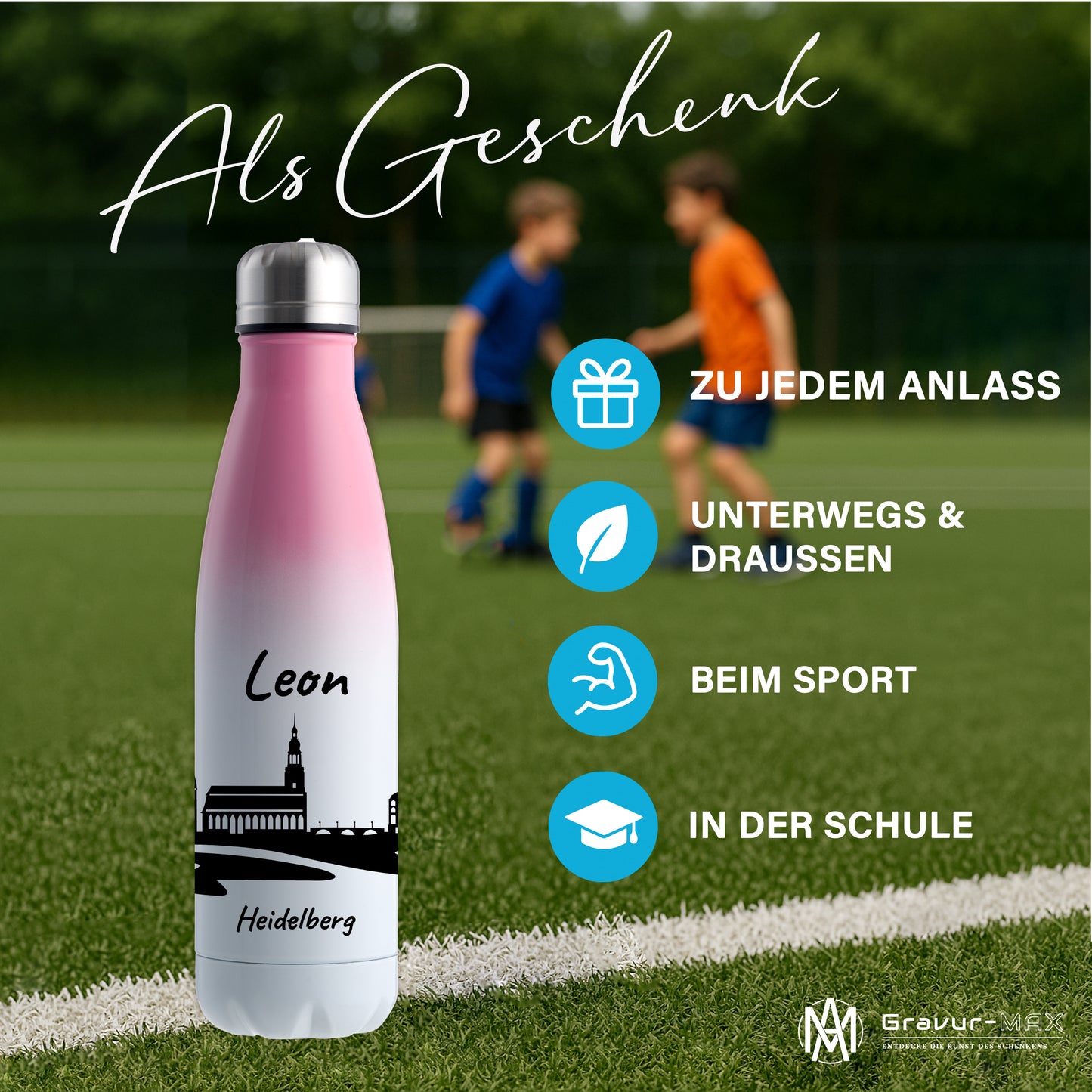 Trinkflasche in Weiß/Pink 500ml aus Edelstahl bedruckt mit der Skyline von Heidelberg personalisierbar mit Wunschname
