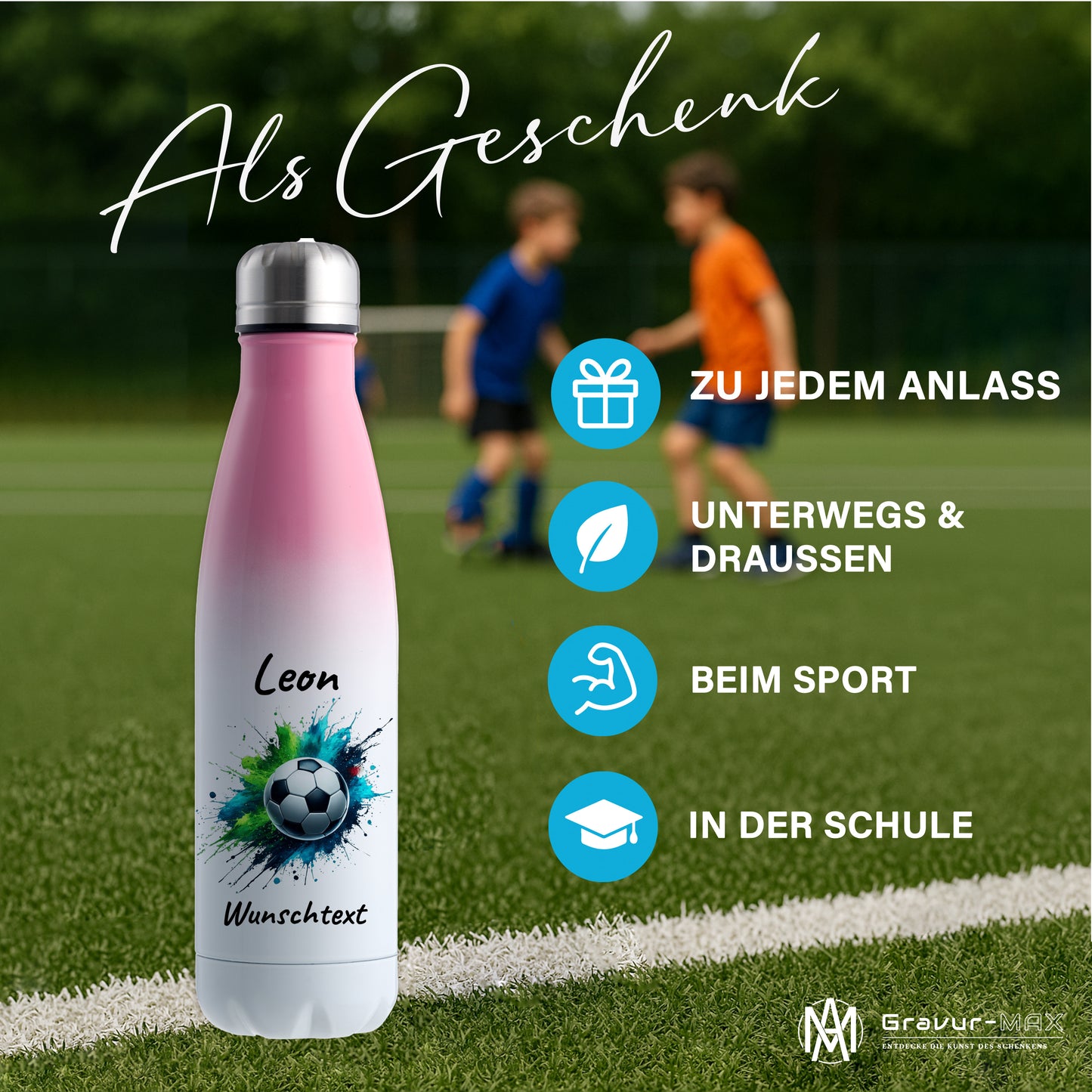 Thermoflasche 500ml in Weiß/Pink aus Edelstahl bedruckt "Fußball" Motiv8 personalisierbar mit Wunschname & Text