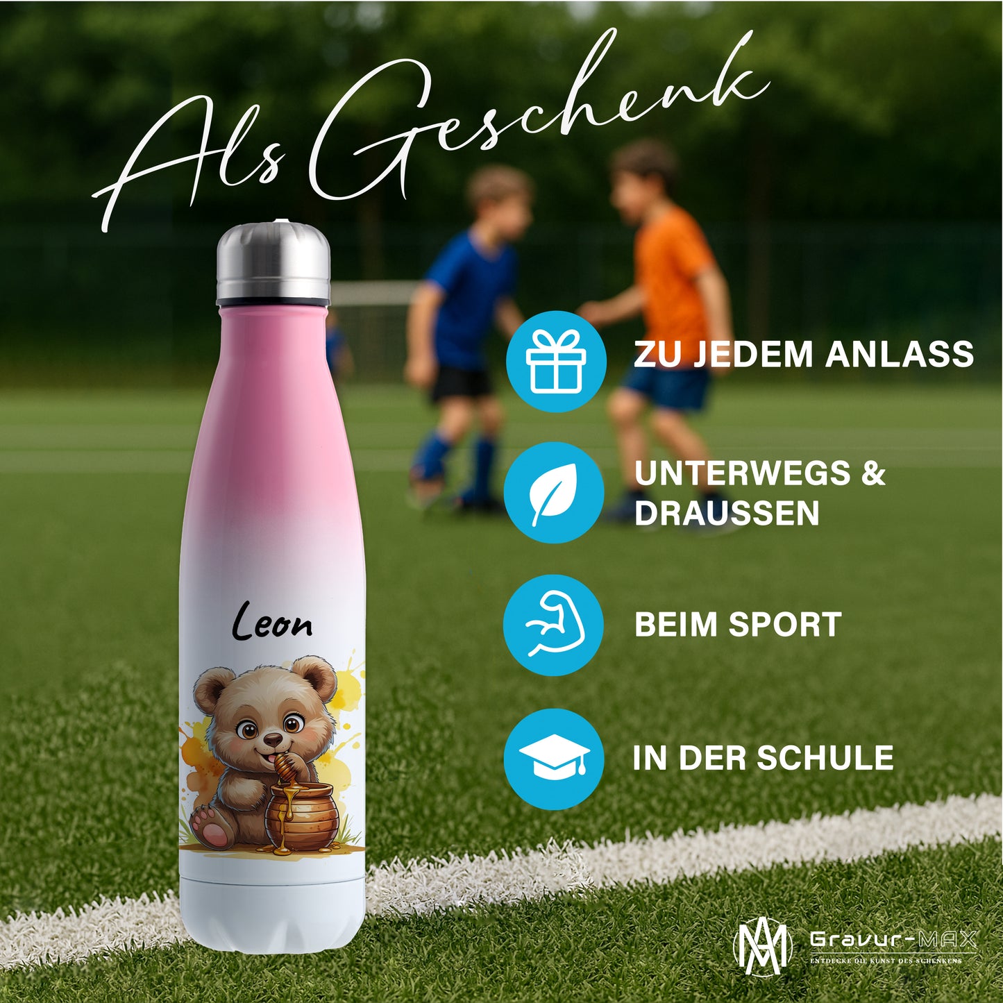 Trinkflasche in Weiß/Pink 500ml aus Edelstahl bedruckt mit niedlichen Tieren "Bär" personalisierbar für Kinder mit Wunschname
