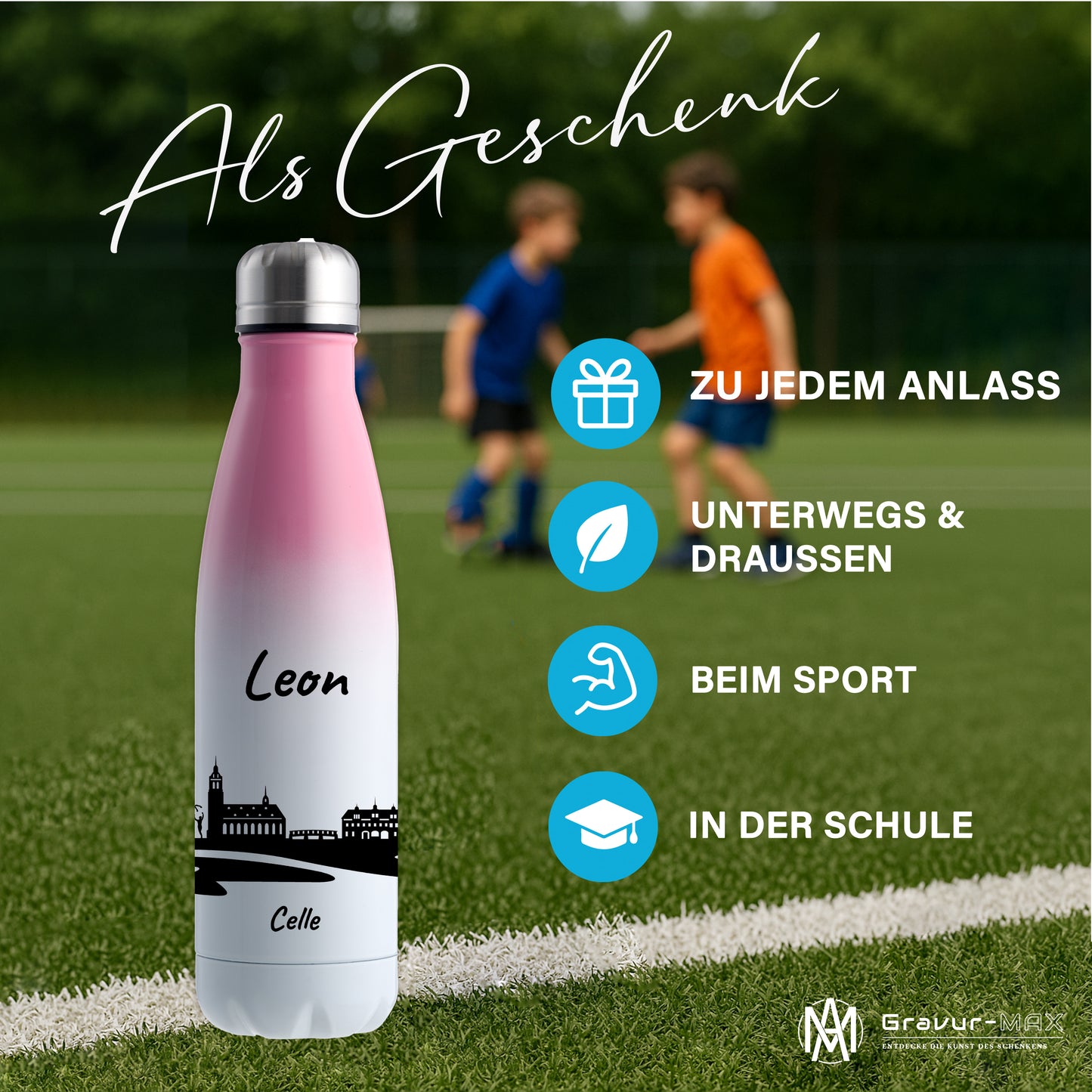 Trinkflasche in Weiß/Pink 500ml aus Edelstahl bedruckt mit der Skyline von Celle personalisierbar mit Wunschname