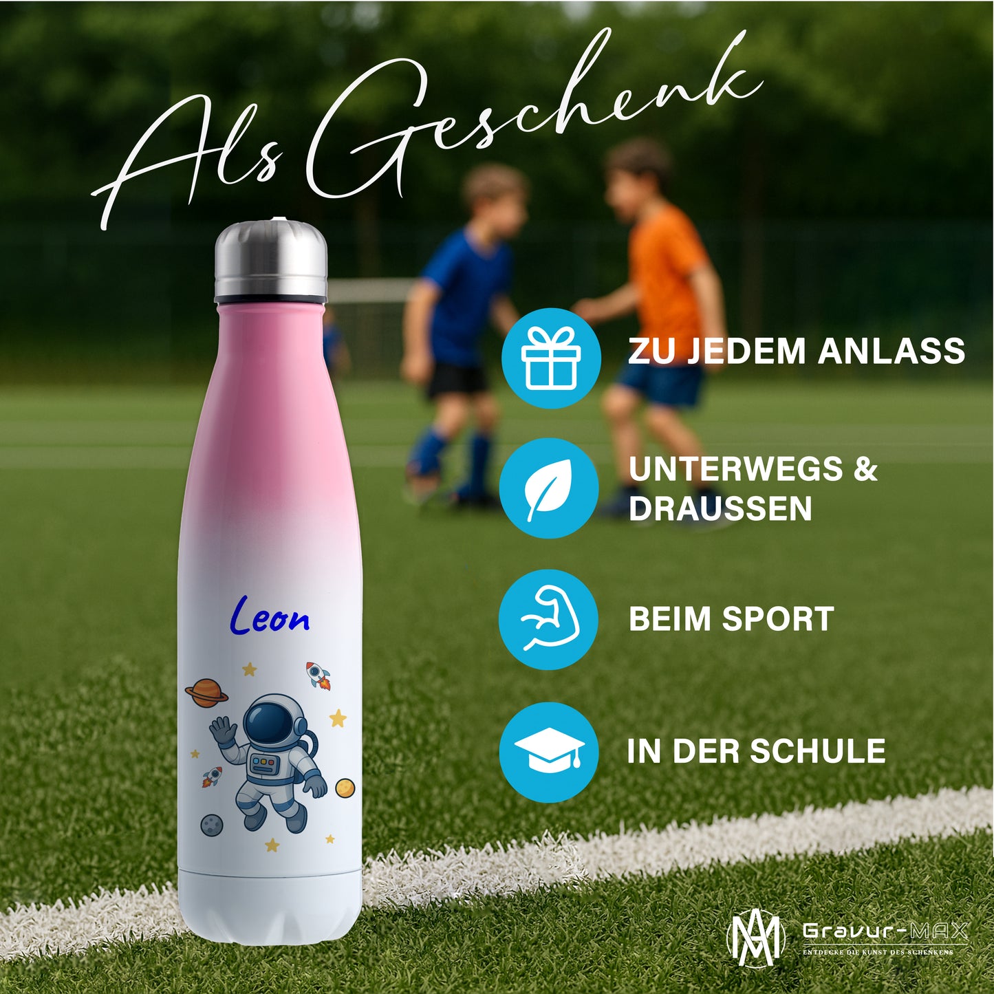 Thermoflasche 500ml in Weiß/Pink bedruckt mit tollen Motiven für Kinder "Astronaut" personalisierbar mit Wunschname