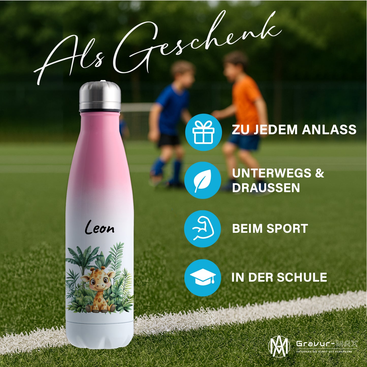 Trinkflasche mit Farbverlauf in Weiß/Pink 500ml aus Edelstahl bedruckt mit Dschungel Tieren"Giraffe" personalisierbar für Kinder mit Wunschname