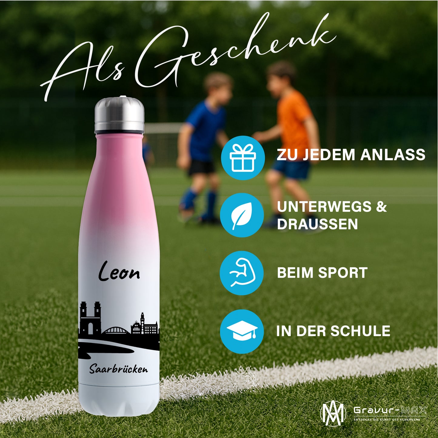 Trinkflasche in Weiß/Pink 500ml aus Edelstahl bedruckt mit der Skyline von Saarbrücken personalisierbar mit Wunschname