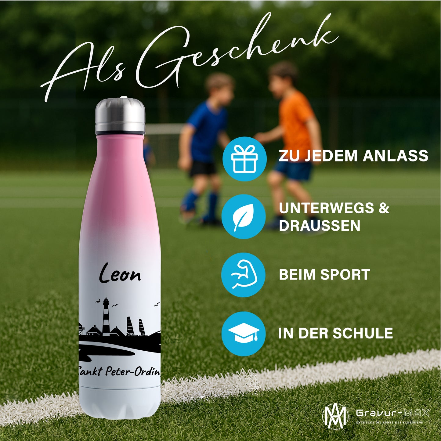 Trinkflasche in Weiß/Pink 500ml aus Edelstahl bedruckt mit der Skyline von Sankt Peter-Ording personalisierbar mit Wunschname