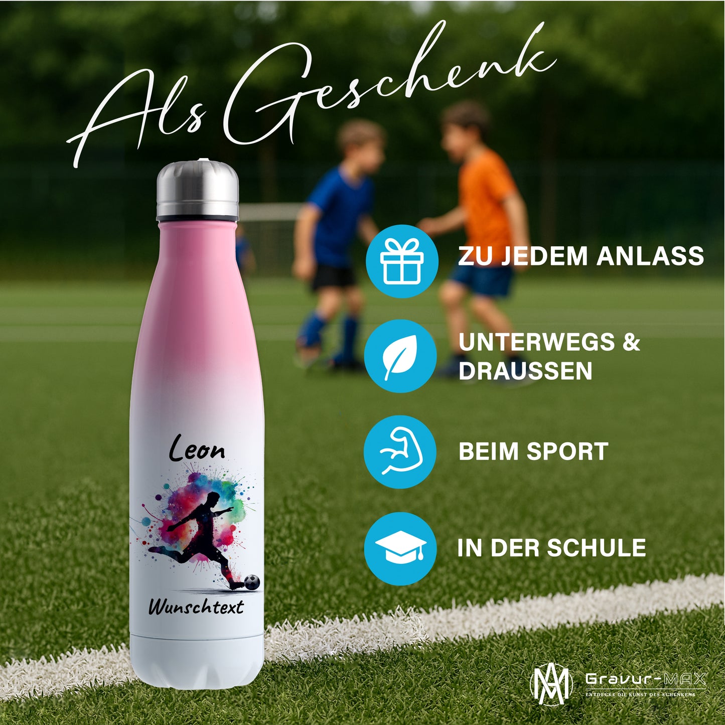 Thermoflasche 500ml in Weiß/Pink aus Edelstahl bedruckt "Fußball" Motiv4 personalisierbar mit Wunschname & Text