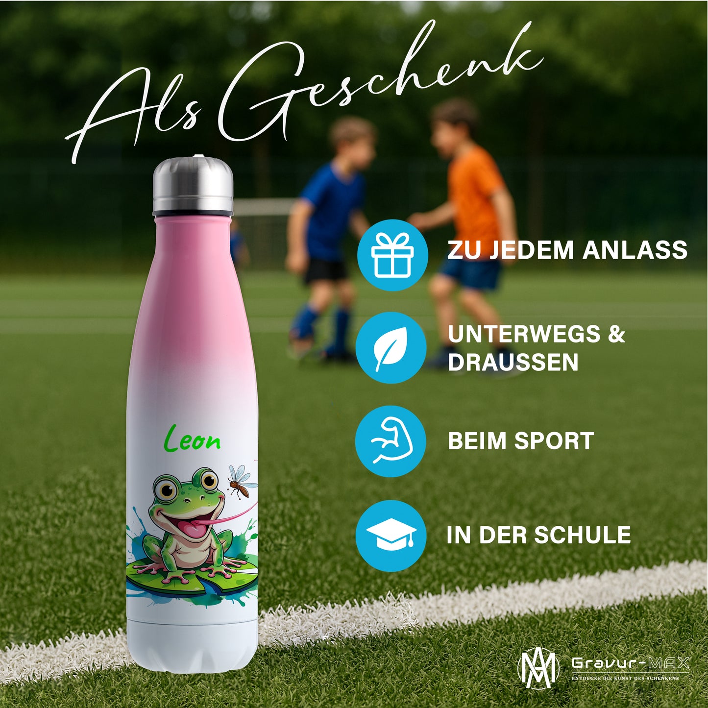 Trinkflasche in Weiß/Pink 500ml aus Edelstahl bedruckt mit niedlichen Tieren "Frosch" personalisierbar für Kinder mit Wunschname