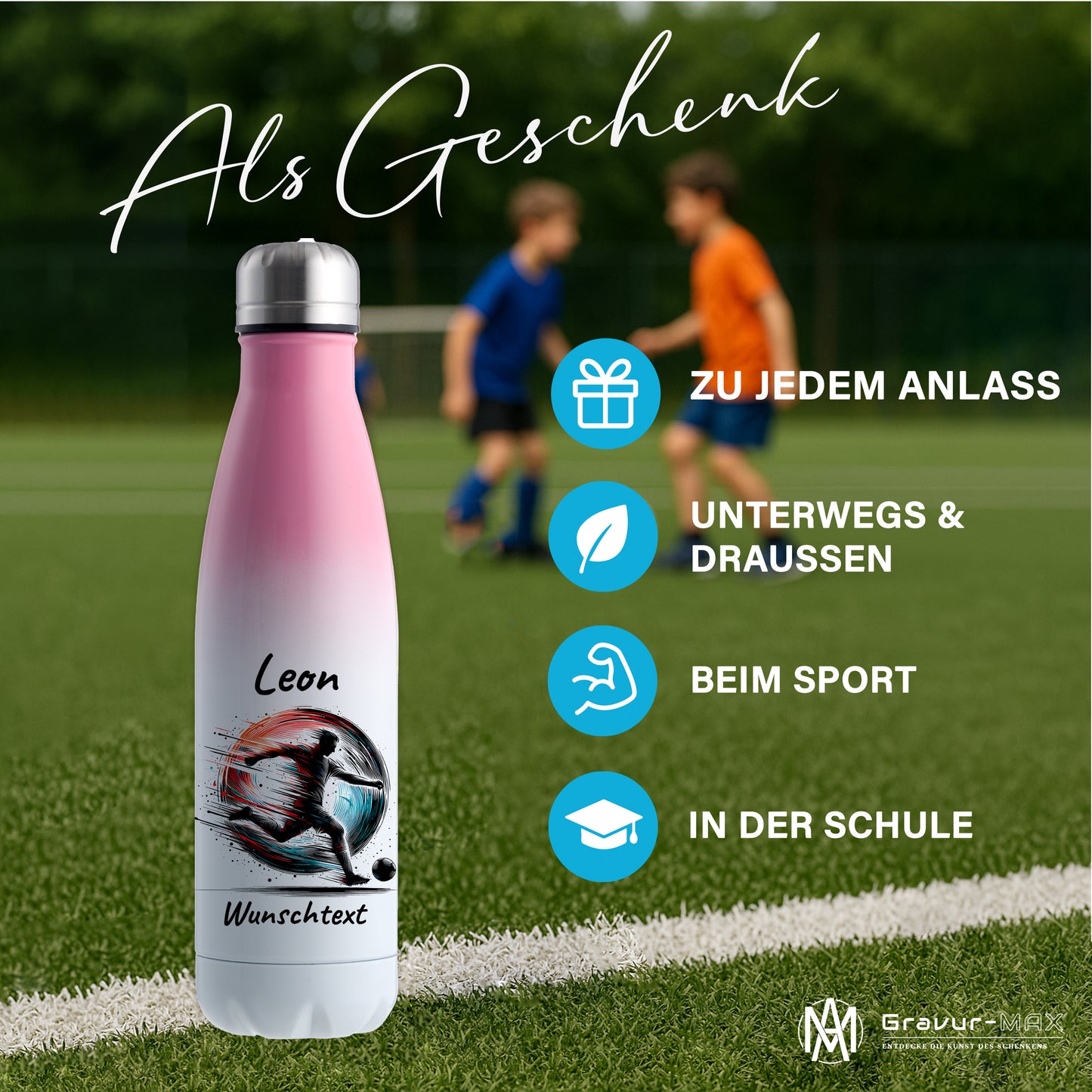 Thermoflasche 500ml in Weiß/Pink aus Edelstahl bedruckt "Fußball" Motiv3 personalisierbar mit Wunschname & Text
