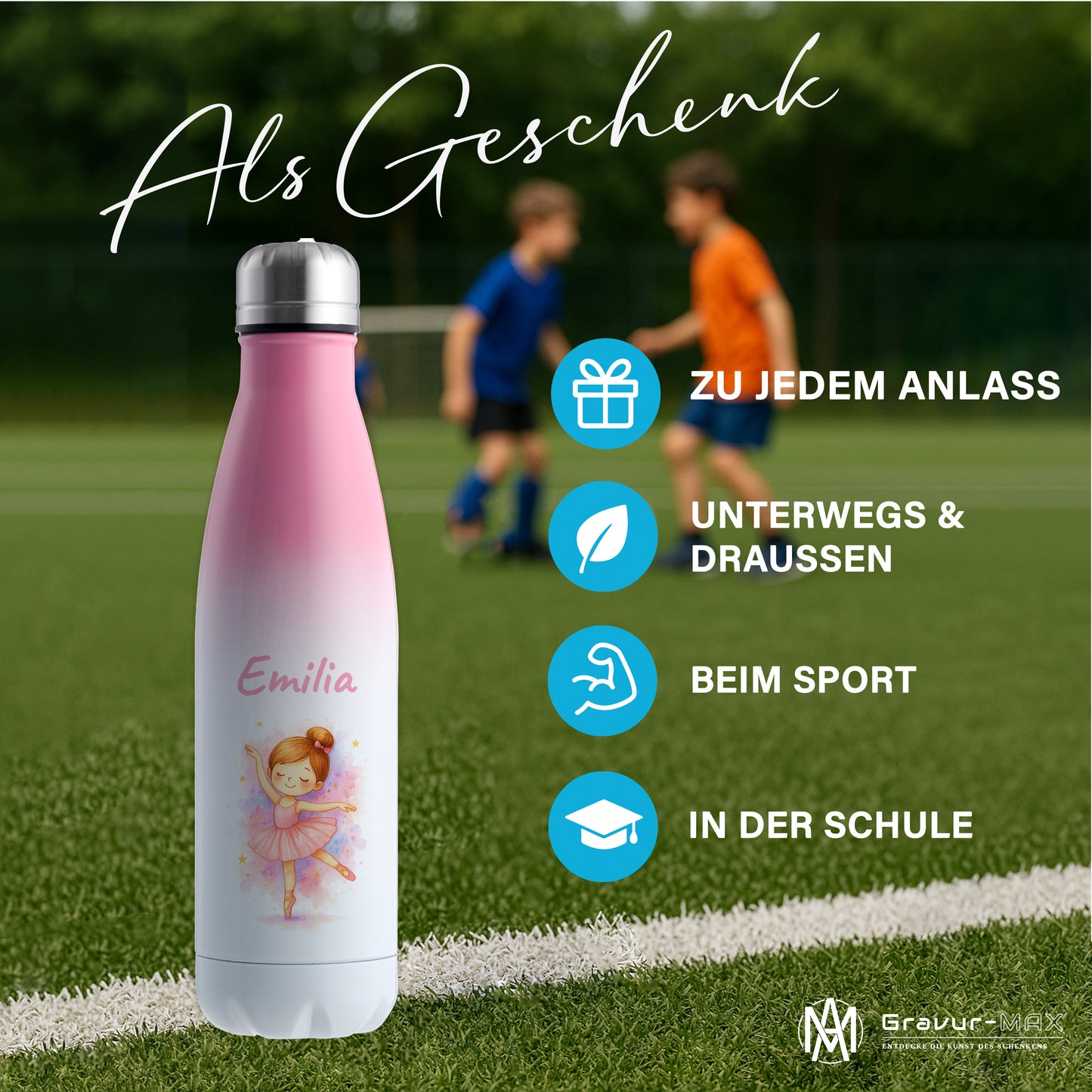 Thermoflasche 500ml in Weiß/Pink bedruckt mit tollen Motiven für Kinder "Ballerina" personalisierbar mit Wunschname