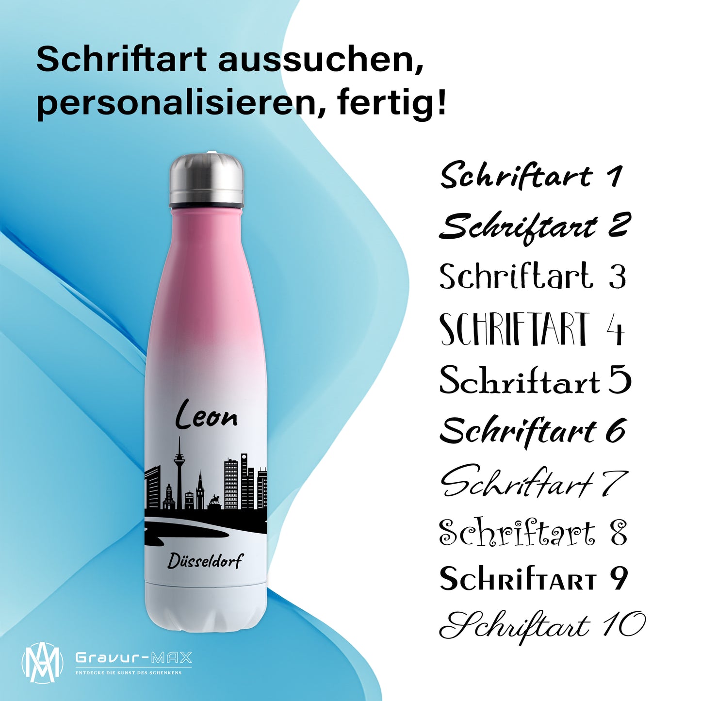 Trinkflasche in Weiß/Pink 500ml aus Edelstahl bedruckt mit der Skyline von Düsseldorf personalisierbar mit Wunschname
