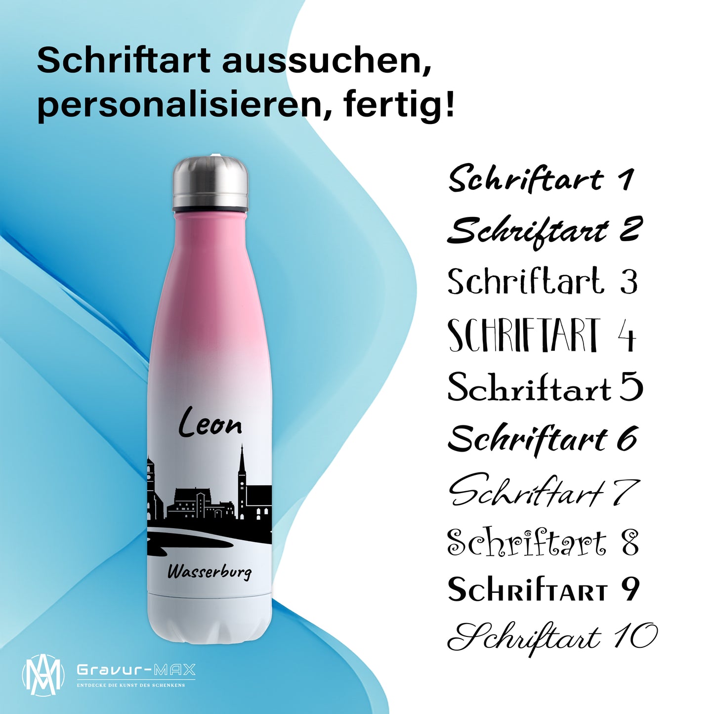 Trinkflasche in Weiß/Pink 500ml aus Edelstahl bedruckt mit der Skyline von Wasserburg personalisierbar mit Wunschname