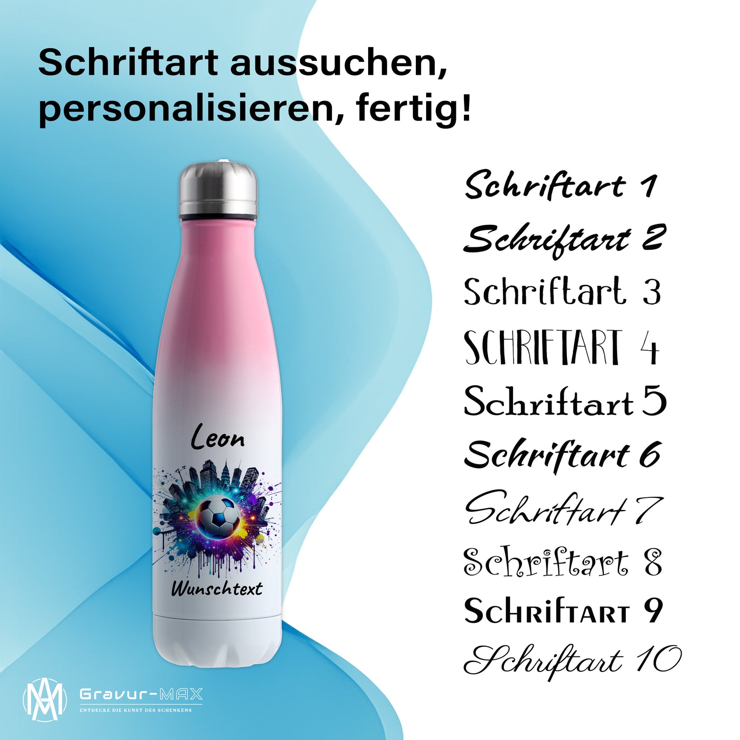Thermoflasche 500ml in Weiß/Pink aus Edelstahl bedruckt "Fußball" Motiv7 personalisierbar mit Wunschname & Text