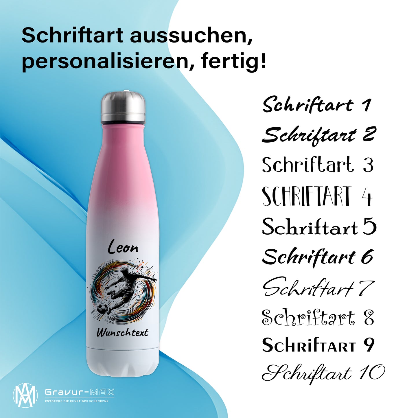 Thermoflasche 500ml in Weiß/Pink aus Edelstahl bedruckt "Fußball" Motiv1 personalisierbar mit Wunschname & Text