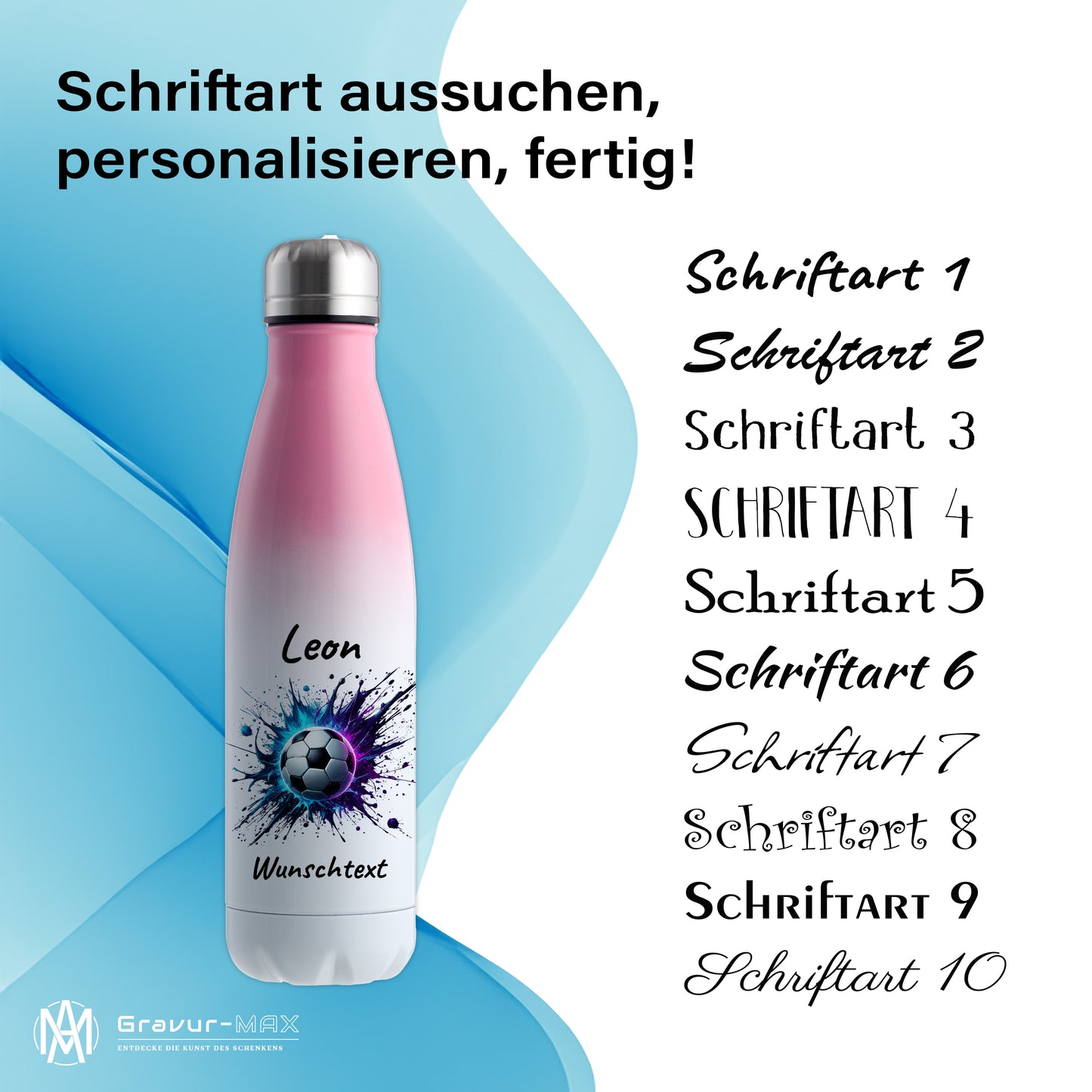 Thermoflasche 500ml in Weiß/Pink aus Edelstahl bedruckt "Fußball" Motiv10 personalisierbar mit Wunschname & Text