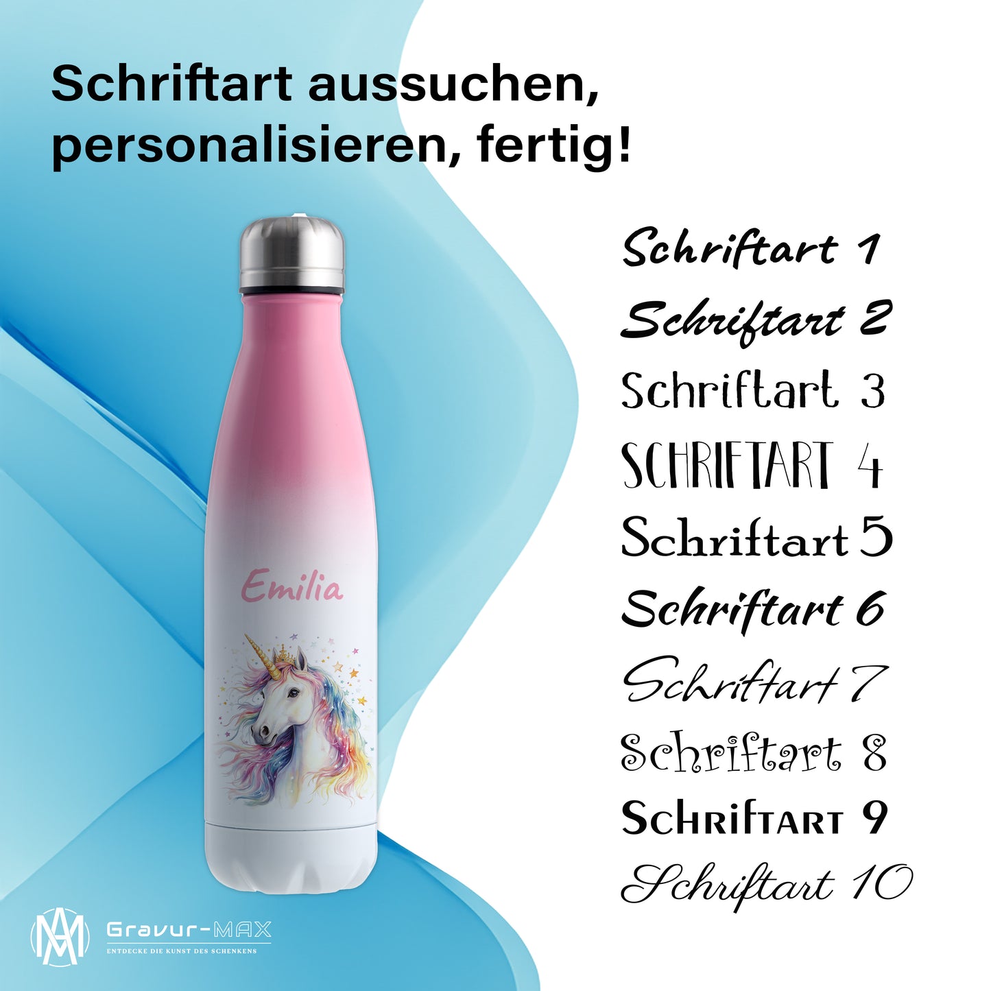 Thermoflasche 500ml in Weiß/Pink bedruckt mit tollen Motiven für Kinder "Einhorn" personalisierbar mit Wunschname