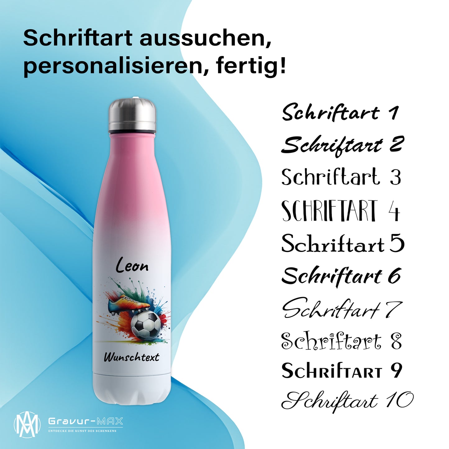 Thermoflasche 500ml in Weiß/Pink aus Edelstahl bedruckt "Fußball" Motiv6 personalisierbar mit Wunschname & Text
