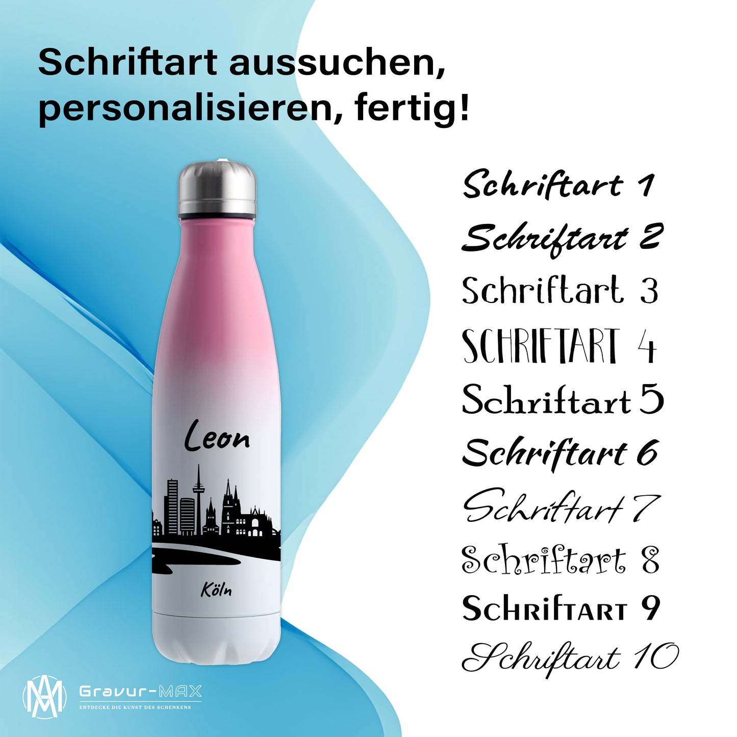 Trinkflasche in Weiß/Pink 500ml aus Edelstahl bedruckt mit der Skyline von Köln personalisierbar mit Wunschname