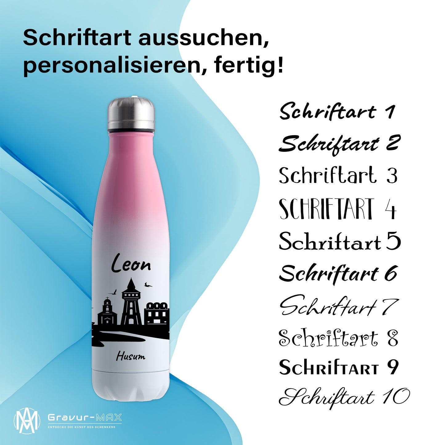 Trinkflasche in Weiß/Pink 500ml aus Edelstahl bedruckt mit der Skyline von Husum personalisierbar mit Wunschname