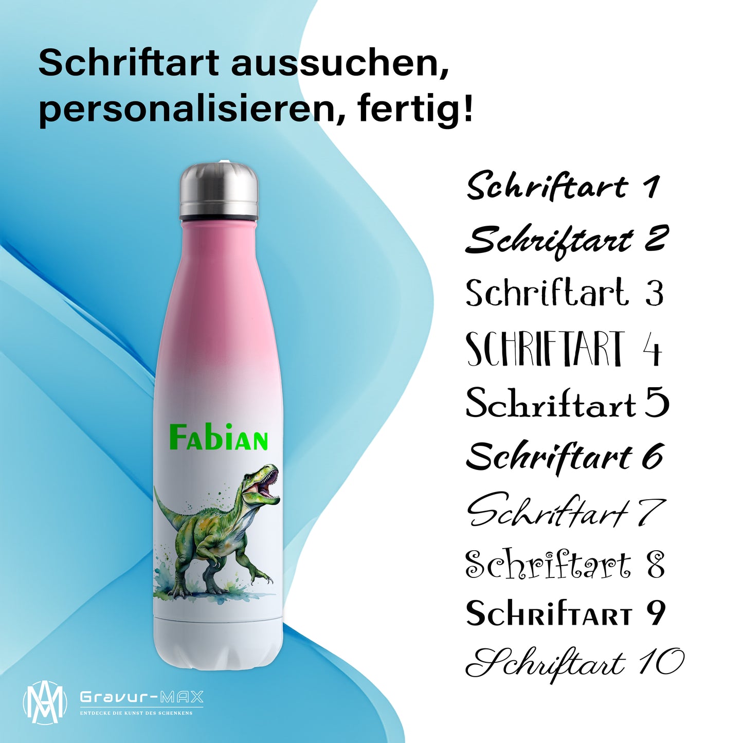 Thermoflasche 500ml in Weiß/Pink bedruckt mit tollen Motiven für Kinder "Dino T-Rex" personalisierbar mit Wunschname