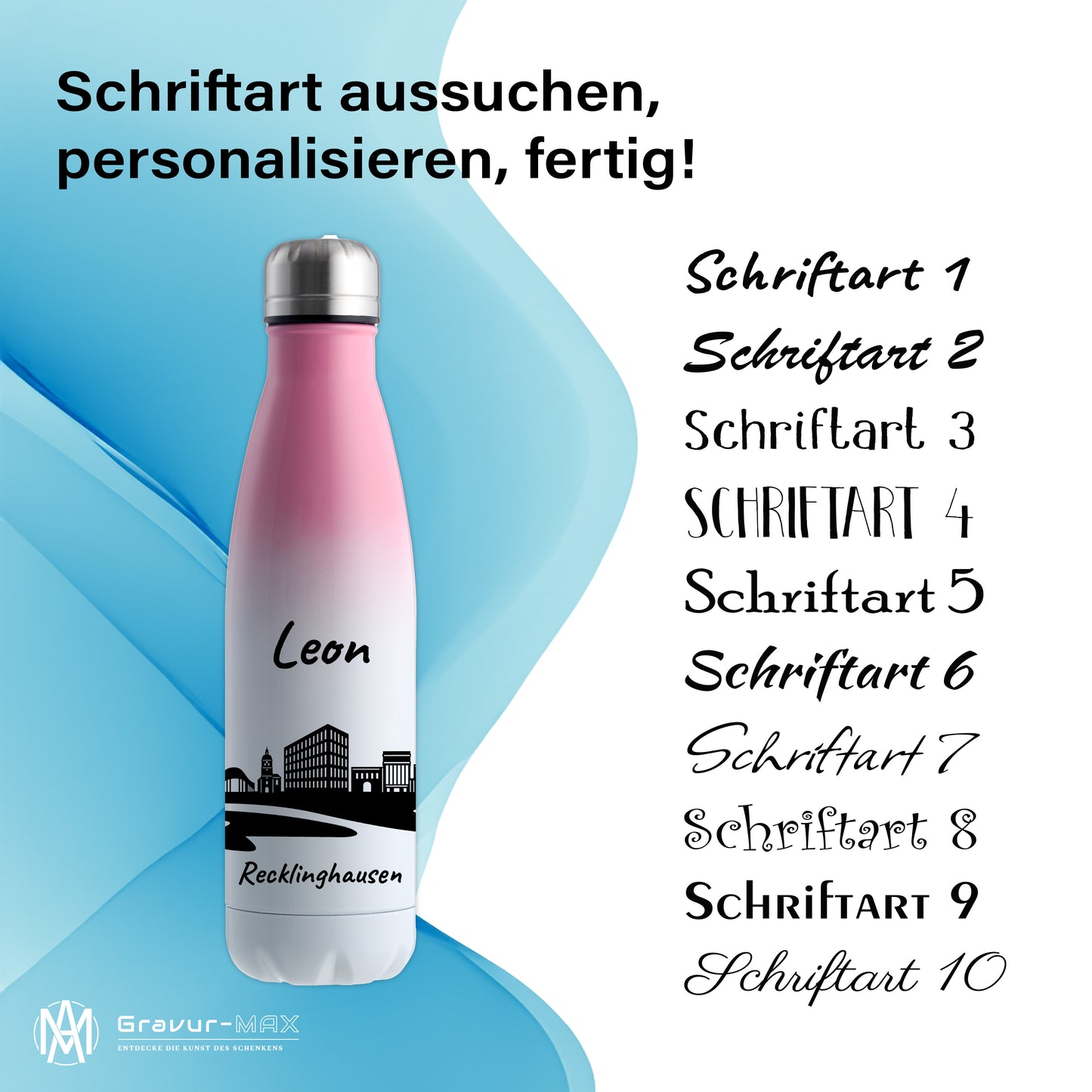 Trinkflasche in Weiß/Pink 500ml aus Edelstahl bedruckt mit der Skyline von Recklinghausen personalisierbar mit Wunschname
