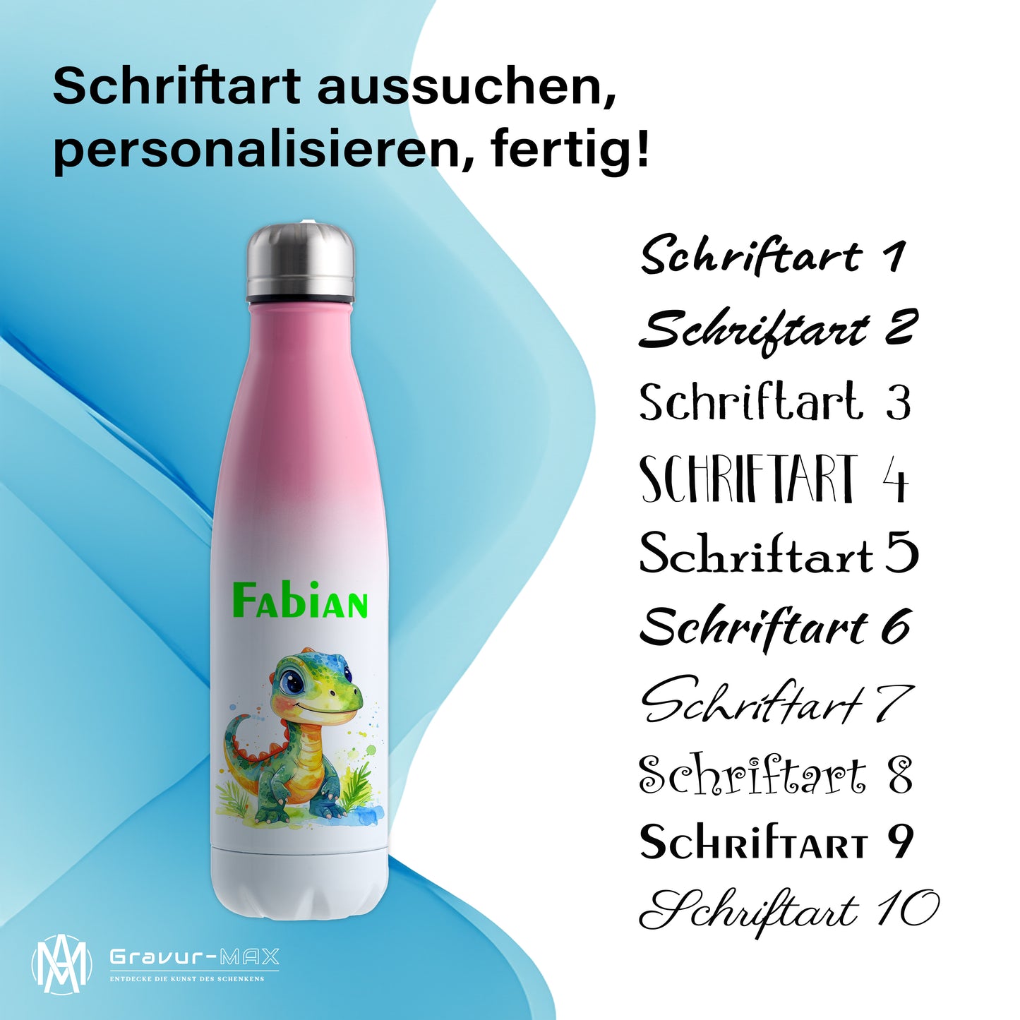 Thermoflasche 500ml in Weiß/Pink bedruckt mit tollen Motiven für Kinder "Dino Kinder" personalisierbar mit Wunschname