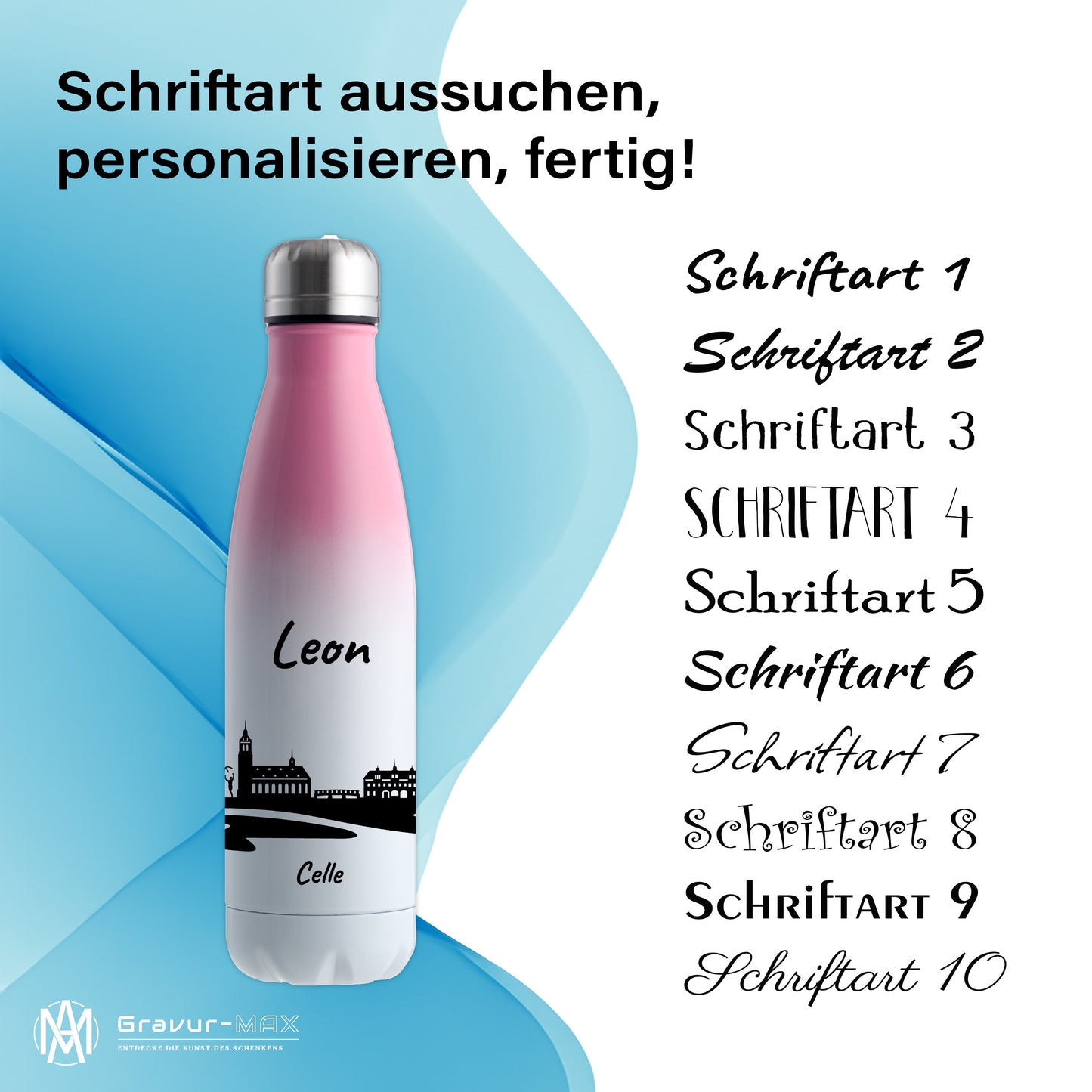 Trinkflasche in Weiß/Pink 500ml aus Edelstahl bedruckt mit der Skyline von Celle personalisierbar mit Wunschname